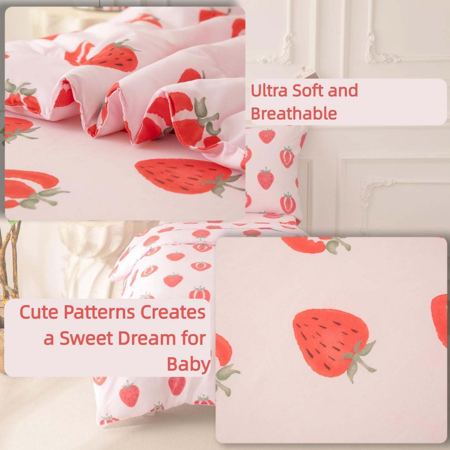 SDIII 4 Piece Strawberry Toddler Bedding Set, Kawaii Fruit Printed Pink Toddler Bedding Girl with Comforter, Fitted Sheet, Flat Sheet, Pillowcase