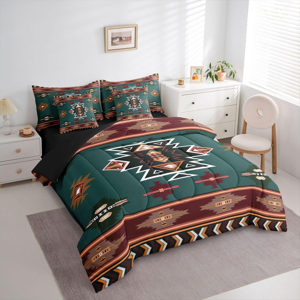 Erosebridal Western Twin Comforter Set with Sheets | Southwestern Decor Geometric 7-Piece Bedding Set Farmhouse Aztec Bed in a Bag, Stripes Diamond Triangle Bed Sets,Green