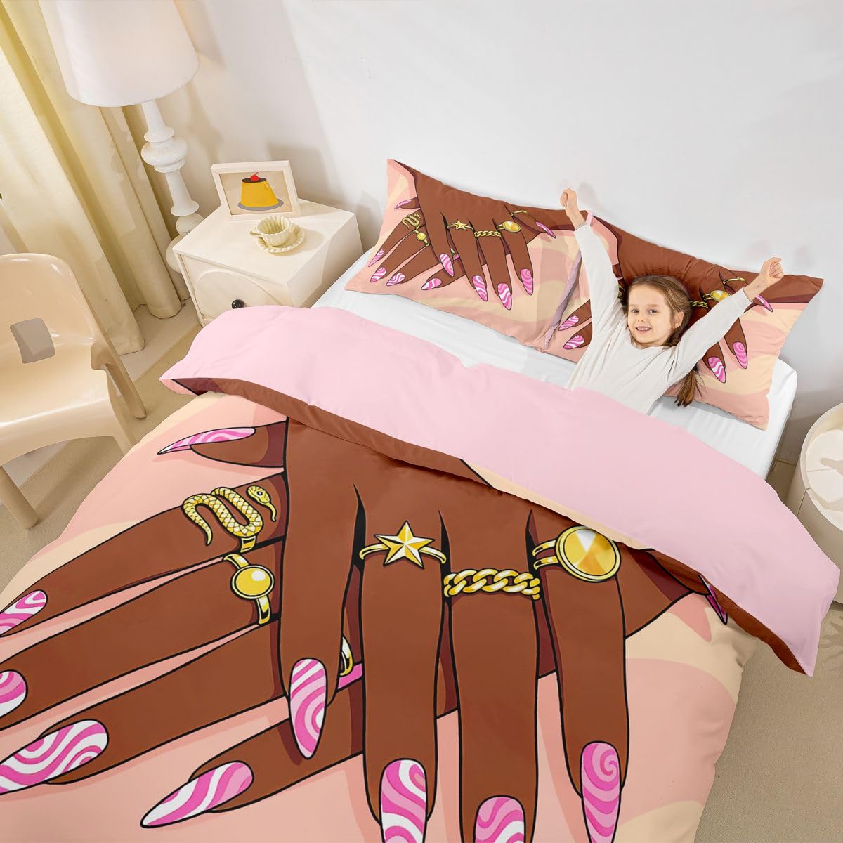 Erosebridal Romantic Makeup Themed Comforter Cover Full Size for Girls Fashion Girlish Bedding Set Black Girls Duvet Cover for Kids Teens Adult Women Bedroom Afro Vogue Princess Magical Bed Set