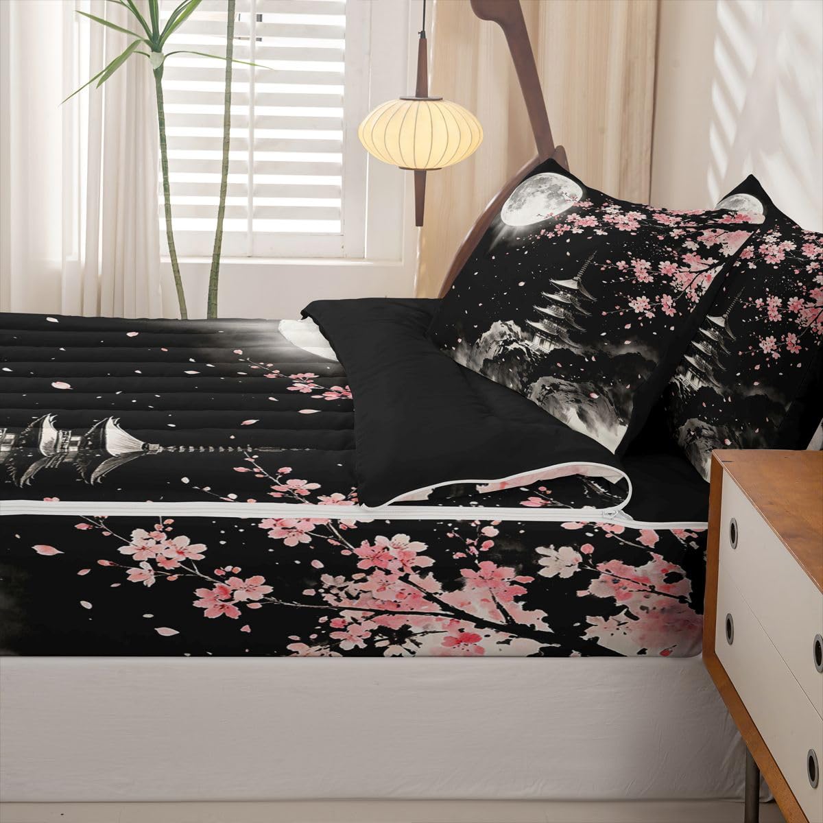 Feelyou Cherry Blossom Zipper Bedding for Kids Full Size Japanese Anime Bed in a Bag with Sheets, Comforter, Pillowcases Flower Floral Comforter Set for Boys Girls Bedding Sets Durable