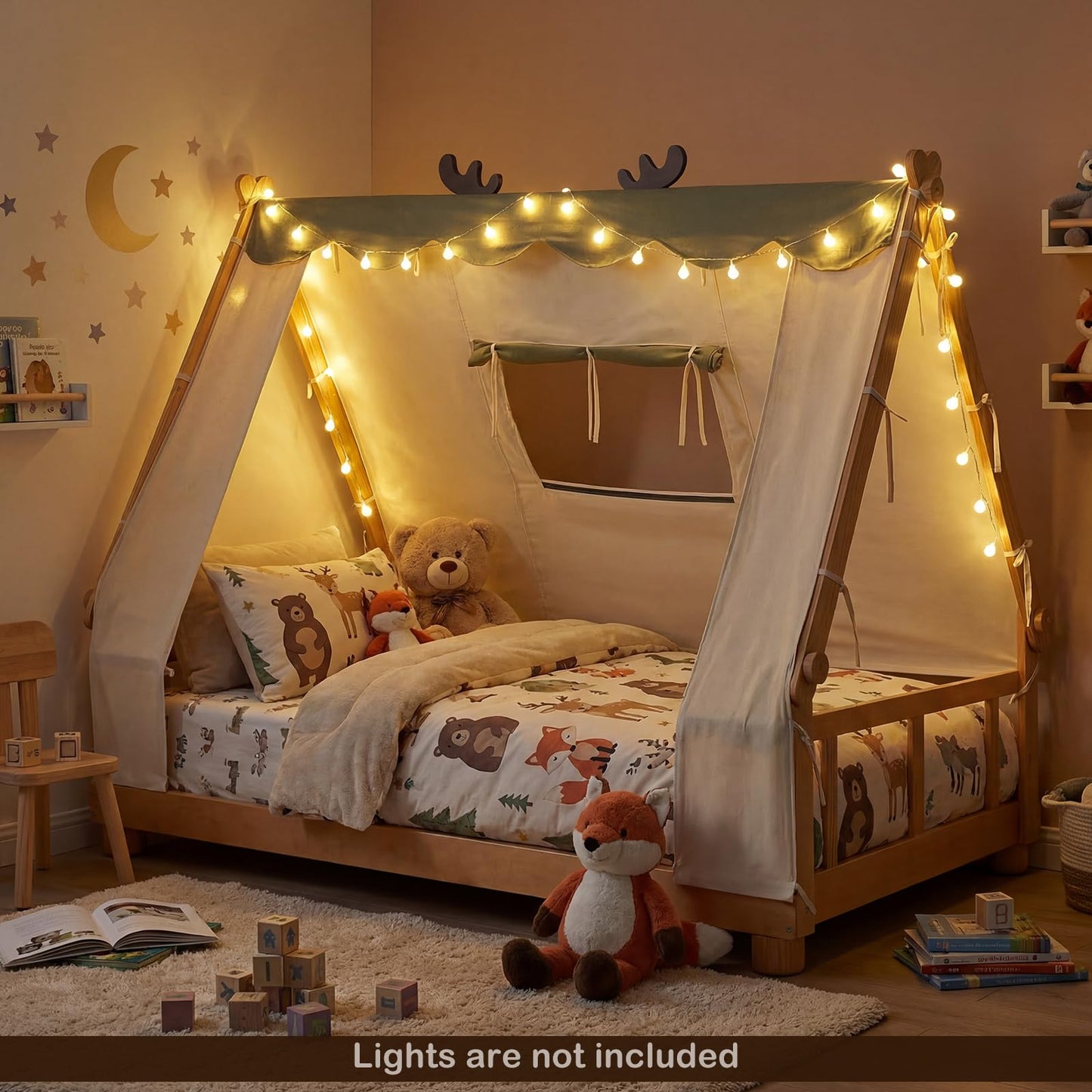 Costzon Twin Bed Frames for Kids, Wooden House Antlers-Shaped Floor Bed