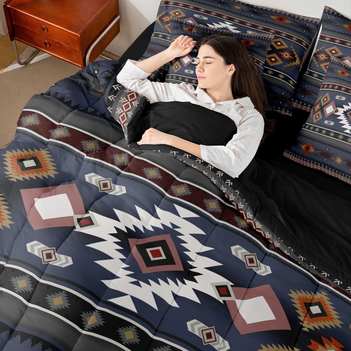 Erosebridal Black Red Grey Aztec Farmhouse Full Comforter Set 7 Pieces | Southwestern Bohemian Bed in A Bag for Bedroom Cowboy Tribal Bedding Set with Comforters Cowgirl Adults Room Decor