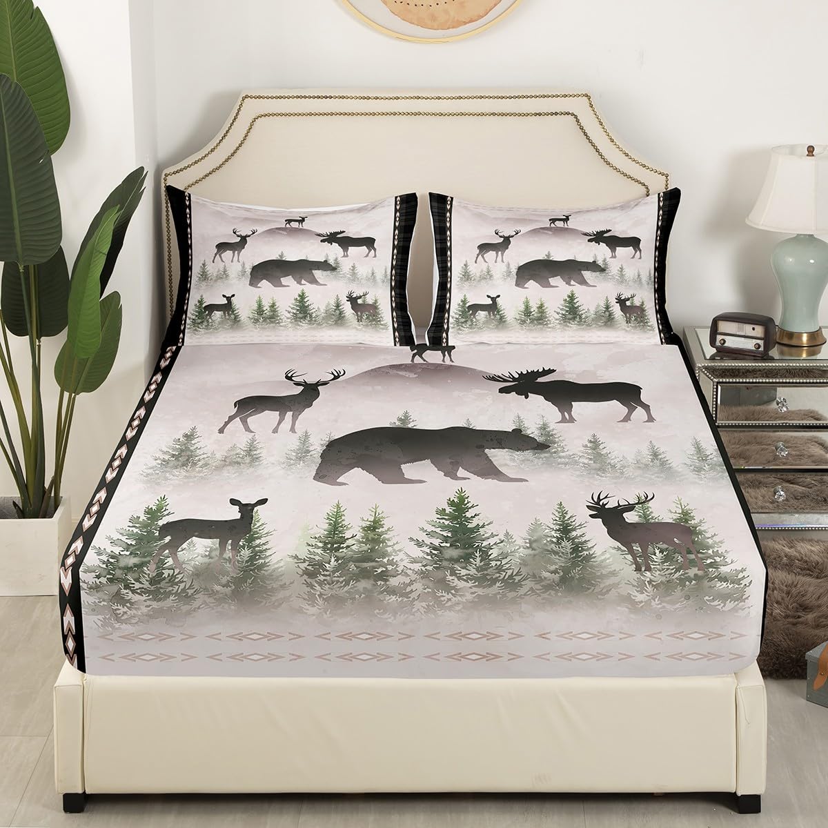 Cute Bear Deer Bed Sheets Full Size,Foggy Pine Tree Jungle Bedding Set 4Pcs,Hunting Animal Fitted Sheet for Kids Boys Woman Men Room Decor,Western Tribal Striped Top Flat Sheet,2 Pillowcases