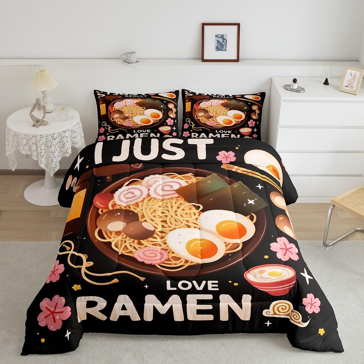 Erosebridal Ramen Noodle Queen Bedding Set,Japanese Style Comforter Set Ramen Gifts for Kids Teen Girls Boys,Pink Cherry Blossom Quilt Bed Set Anime Theme Bed Comforter Sets 3Pcs Bedroom Decor