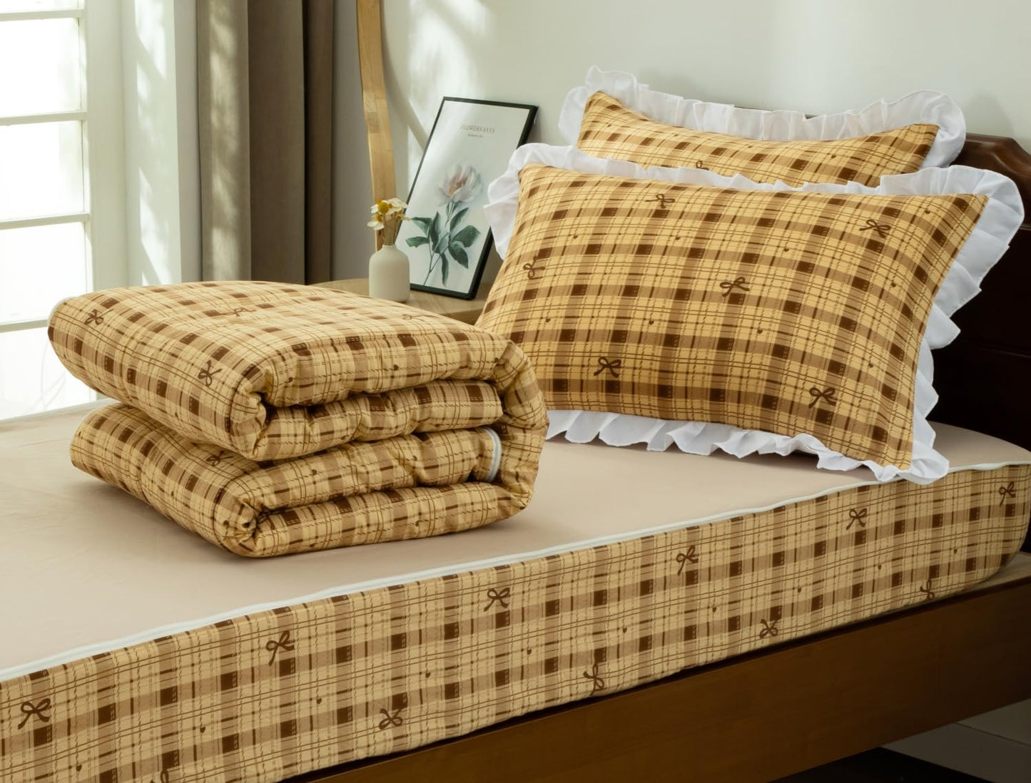 Meeting Story 3pcs Zip Up Bedding Set for Girls, Coffee Bow Checked Plaid Zipper Comforter Set for Kids(Coffee,Twin)