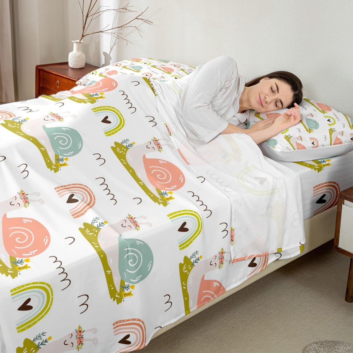 Homewish Cartoon Snail Bed Sheet Twin Size Cute Rainbow Bedding Set 3Pcs for Kids Girls Boys Teens Room Decor,Nature Spring Animals Fitted Sheet Pink Green Stripes Top Flat Sheet,1 Pillowcase