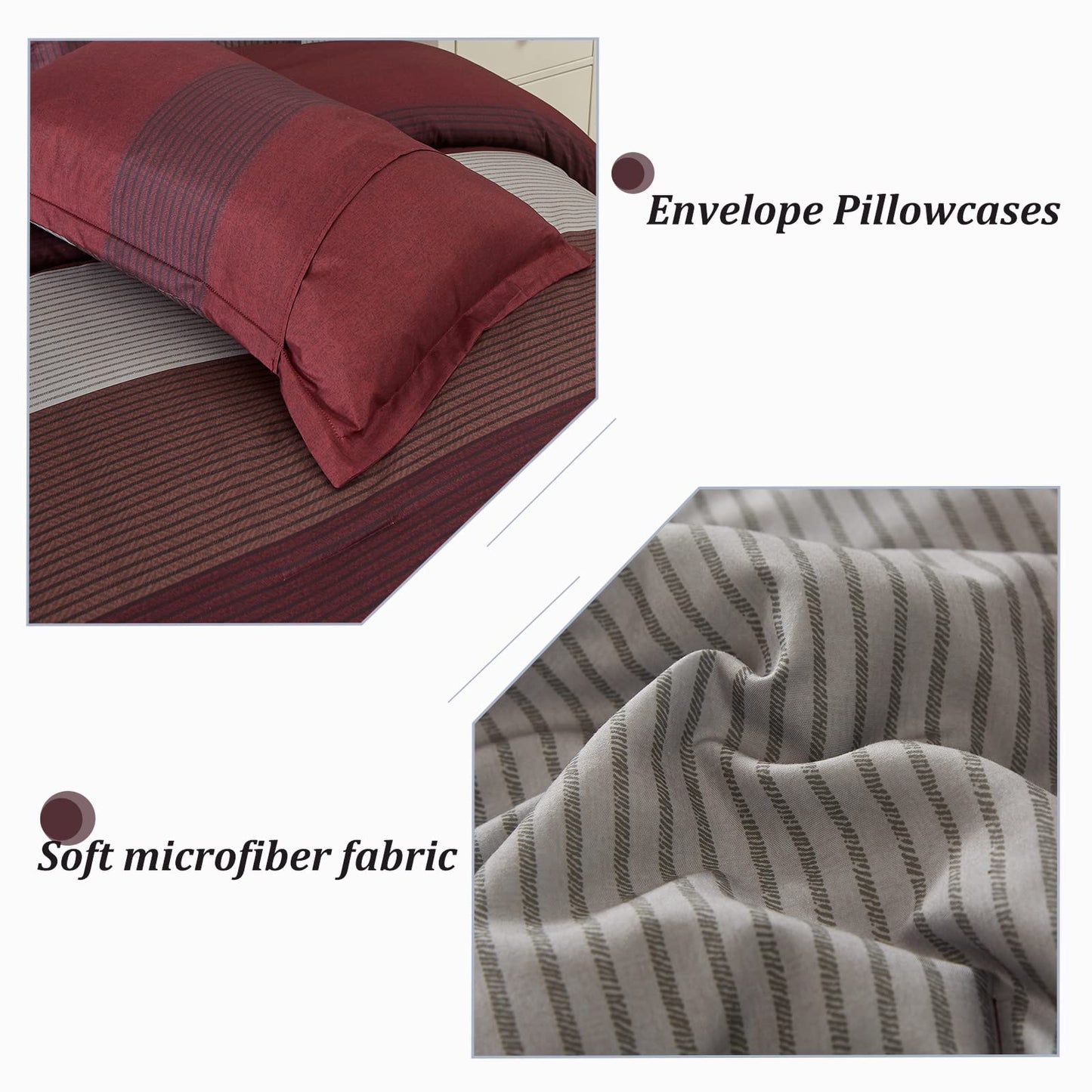 WONGS BEDDING Burgundy Comforter Set Queen, Reversible Burgundy Stripe Down Alternative Comforter for All Season,3 Pieces(1 Comforter+2 Pillowcases), Soft Microfiber Bedding Duvet Set 90”×90”