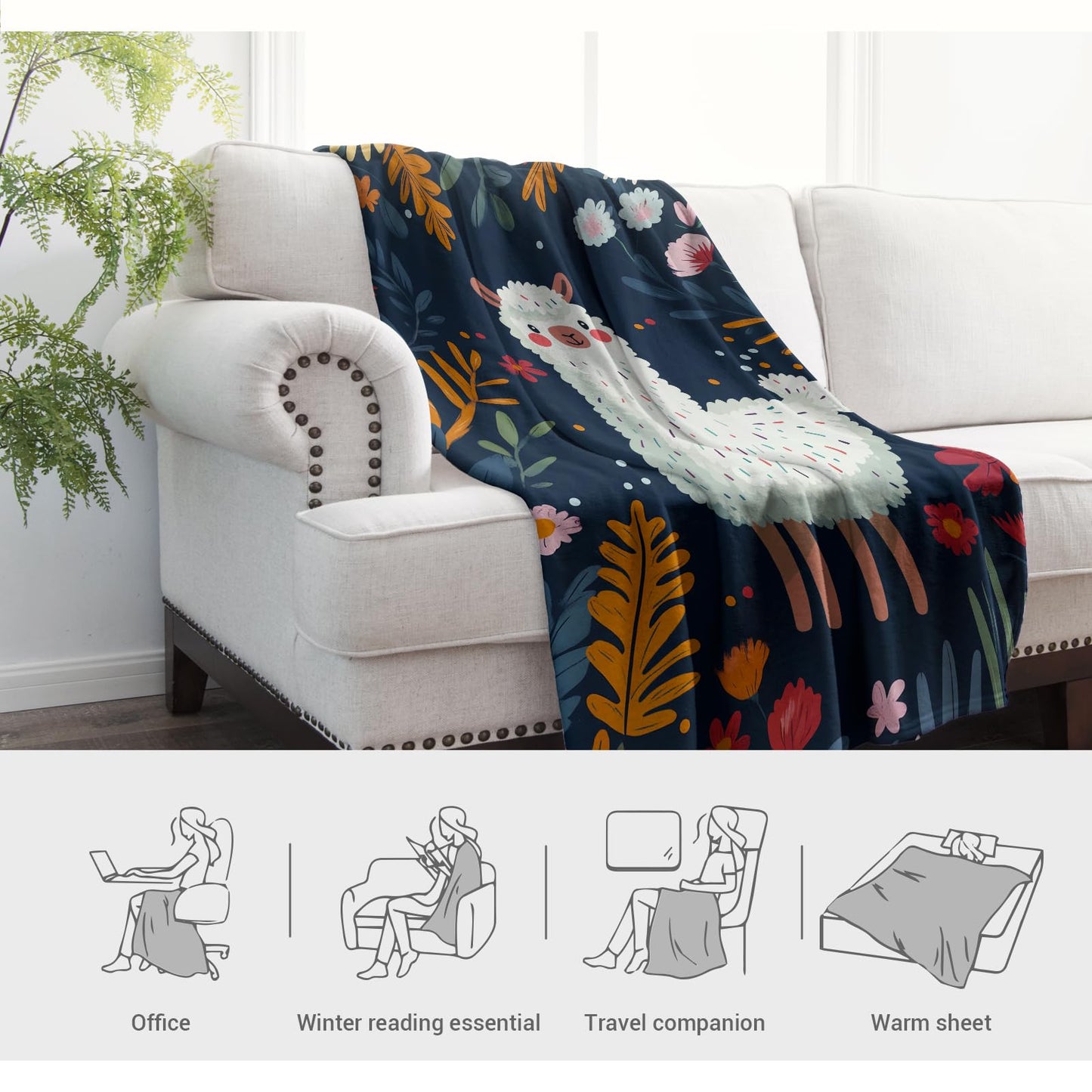 Jekeno Llama Blanket Gifts for Women Girls Mom Sister Friends Birthday Valentines Christmas Animal Alpaca Floral Flower Print Present Decor Home Sofa Couch Soft Cozy Plush Throw for Kids Adult 50"x60"