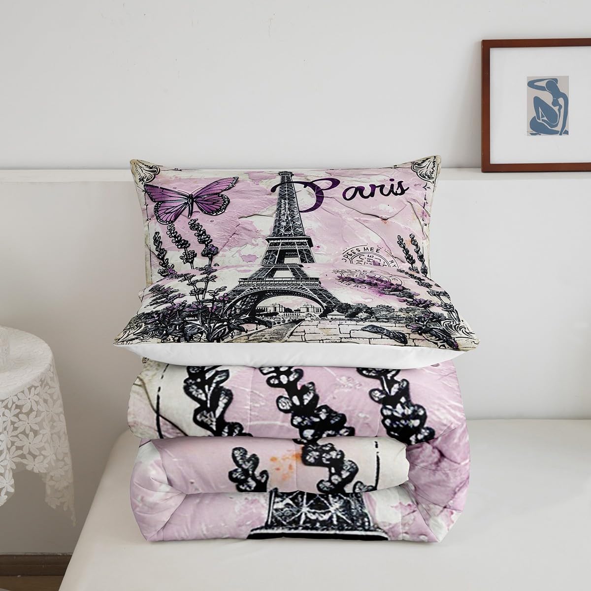 Purple Paris Eiffel Tower Comforter Set Queen Size,Butterfly Lavender Bedding Set for Kids Boys Girls Room Decor,Romantic French Style Duvet Insert 3Pcs,Floral Modern Luxury Quilt Set,2 Pillowcases
