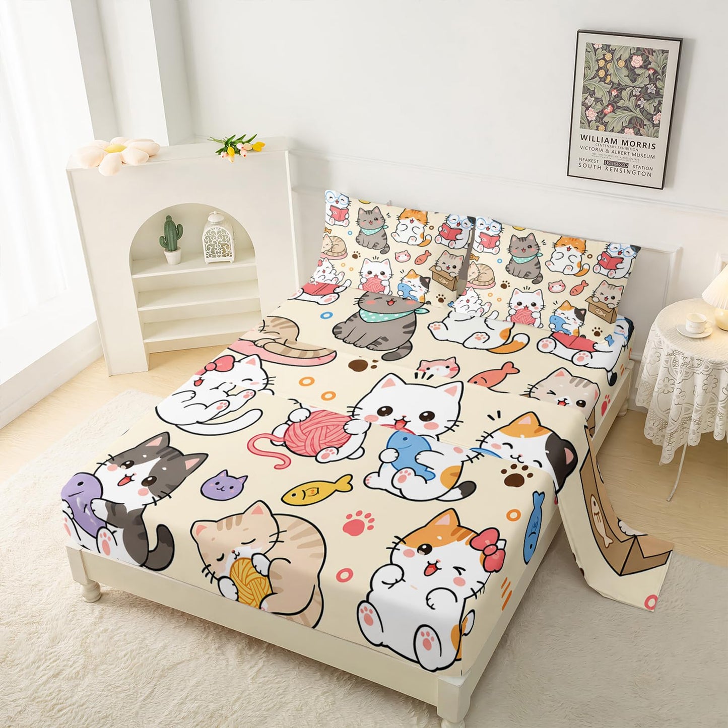 QOOMO Kawaii Kids Sheets Twin Size,Cat 16" Deep Pocket Bed Sheet Set,Cartoon Cat Printed Bedroom Decor Sheet Set Soft and Breathable for Girls/Kids/Teens，Twin