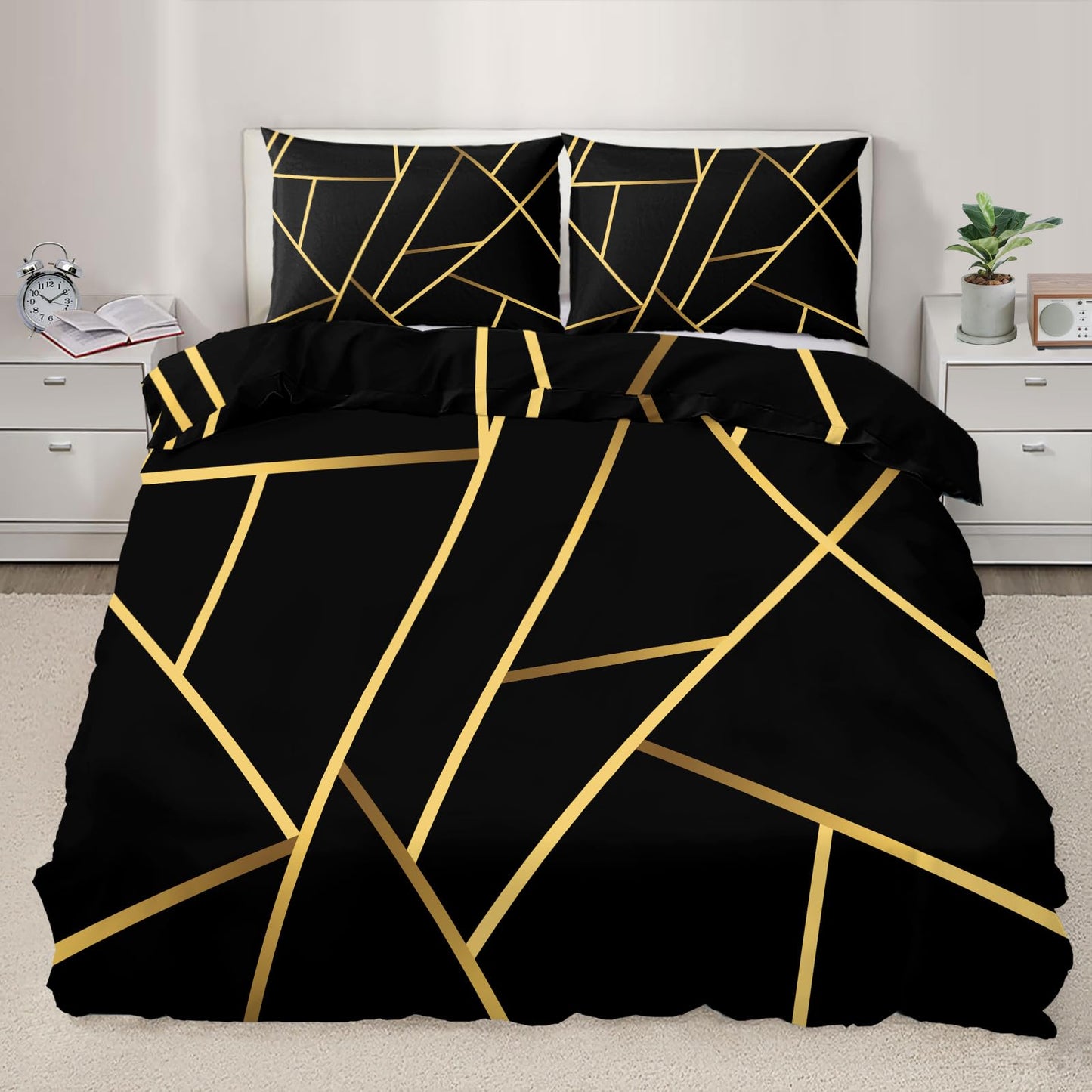 ZAOMIR Geometric Duvet Cover Queen Size, Abstract Modern Geometric Stripes Bedding Set 3 Piece, Black Gold Geometry Lines Patterned Comforter Cover with Zipper Soft Microfiber, 2 Pillowcases