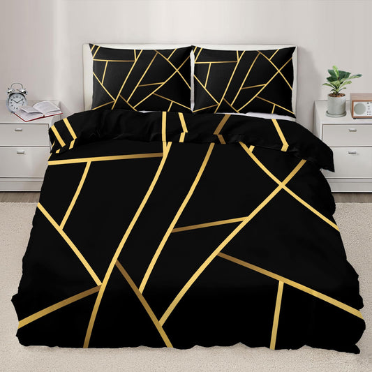 ZAOMIR Geometric Duvet Cover Queen Size, Abstract Modern Geometric Stripes Bedding Set 3 Piece, Black Gold Geometry Lines Patterned Comforter Cover with Zipper Soft Microfiber, 2 Pillowcases