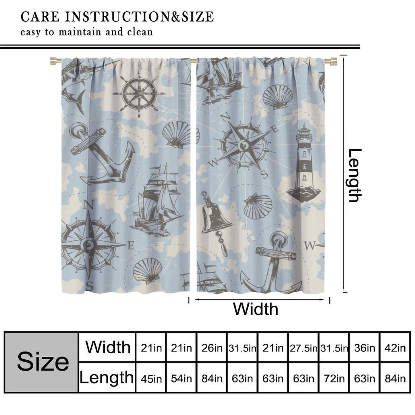 XBDDZSW Nautical Sailboat Map Curtains Sketch Pirate Ship Wheel Compass Starfish Coral Reef Nautical Map Pattern Print Window Drapes for Bedroom Living Room Kitchen Decor,2 Panel Set,42x45 Inch Decor