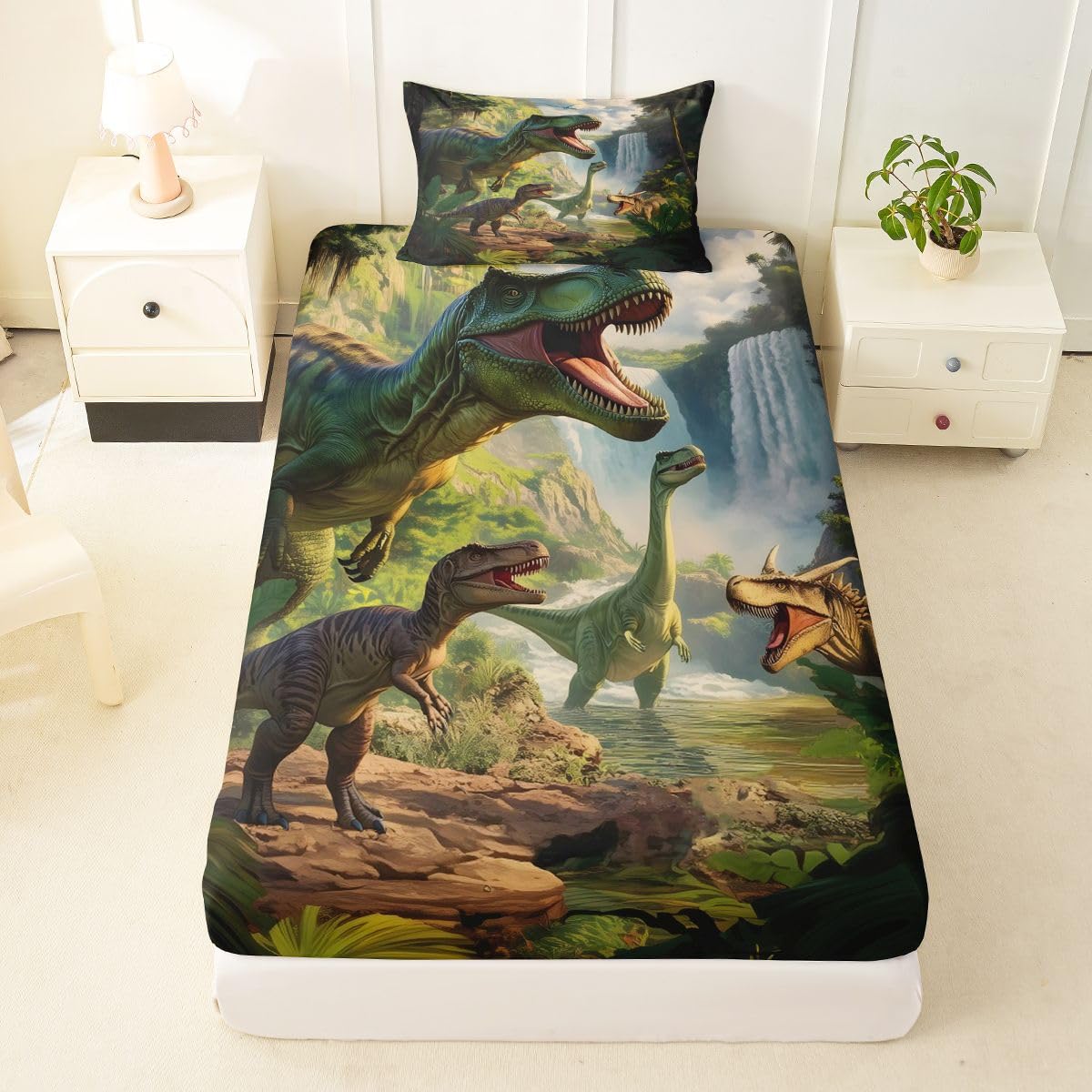 Feelyou Dinosaur Bed Sheets Set Twin Size 3D Digital Print Bed Set Jungle Dino Deep Pocket Fitted Sheet Wild Animal Breathable Soft Lightweight Microfiber Green White Brown