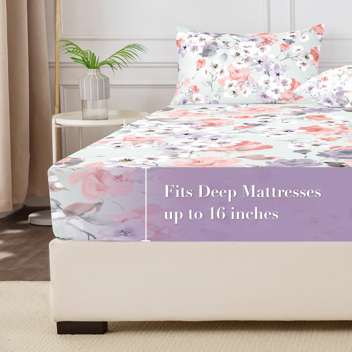 HCORA Floral Fitted Sheet with Pillow Cases, 100% Brushed Microfibre Deep Pocket Fitted Bottom Sheet, Ultra Soft, Shrinkage and Fade Resistant, Full Size