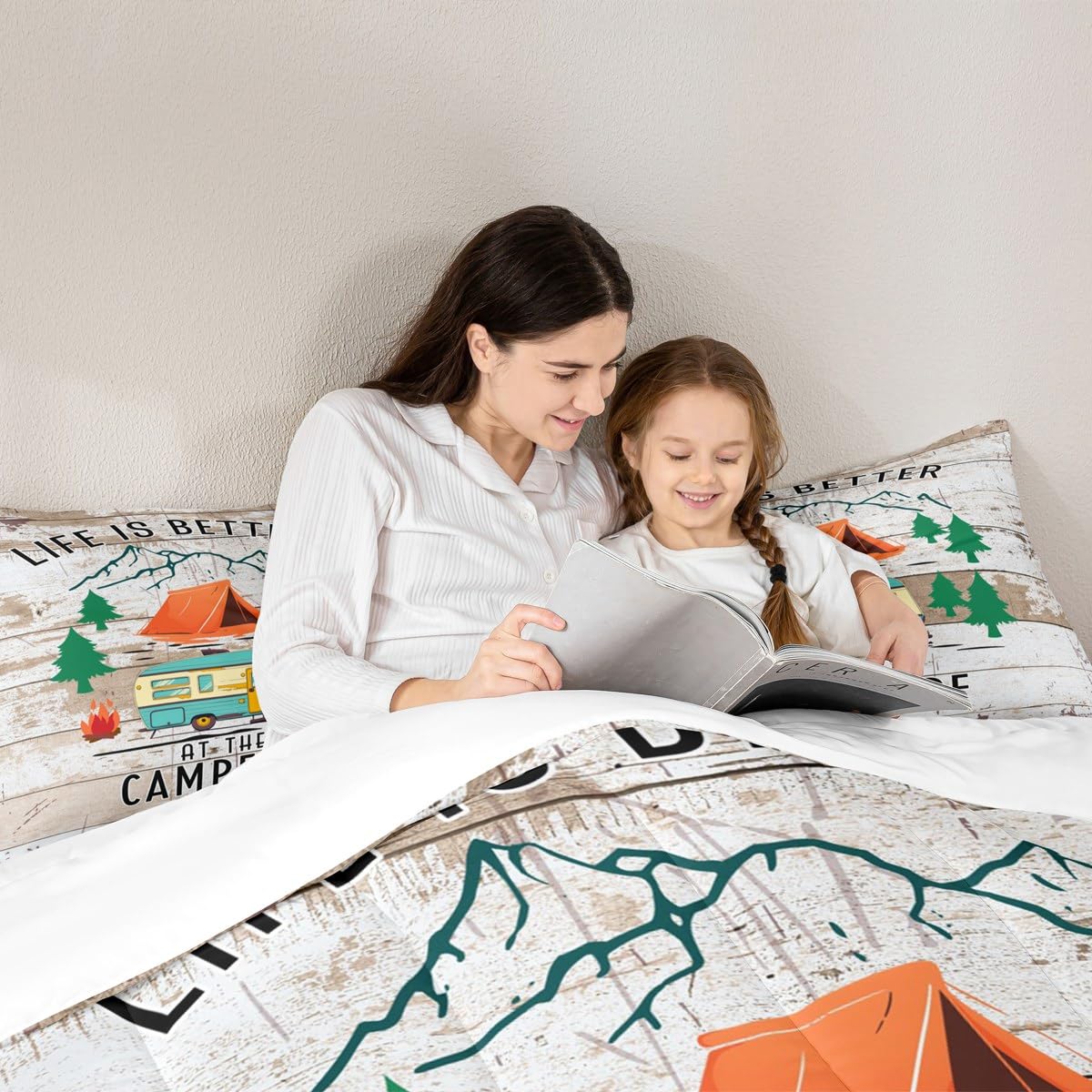 Erosebridal Camper Rv Bedding King,Happy Camping Comforter Set Campfire Decor Bed Sets Rustic Wooden Plank Duvet Insert 3 Pieces