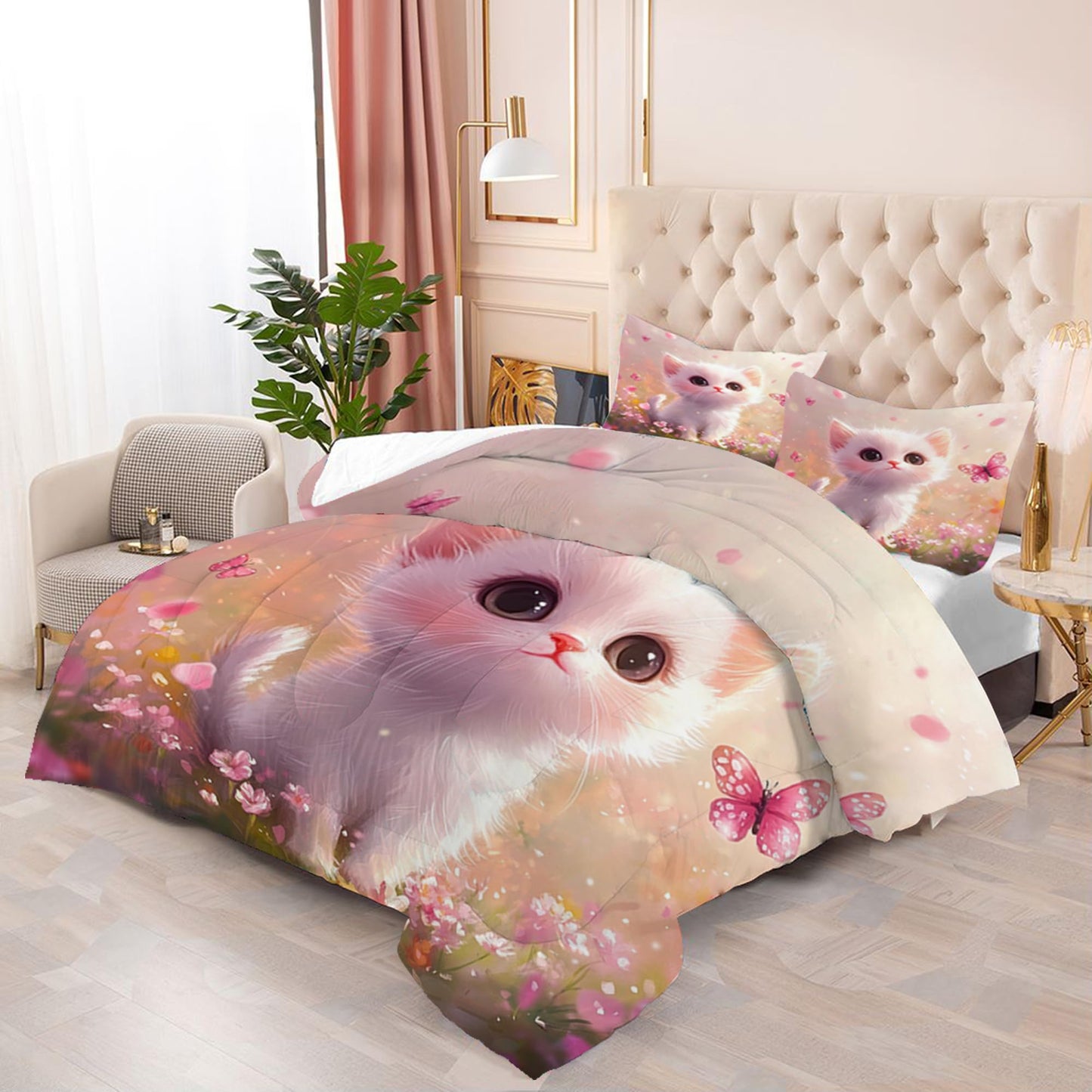 EDGZKO Pink Cat Comforter Set: Full Size Cute Kitten Floral Bedding Sets Kawaii Cartoon Cat Butterfly Flower Quilt for Kids Girls Teens Women Soft Bed Set 1 Comforter & 2 Pillowcases