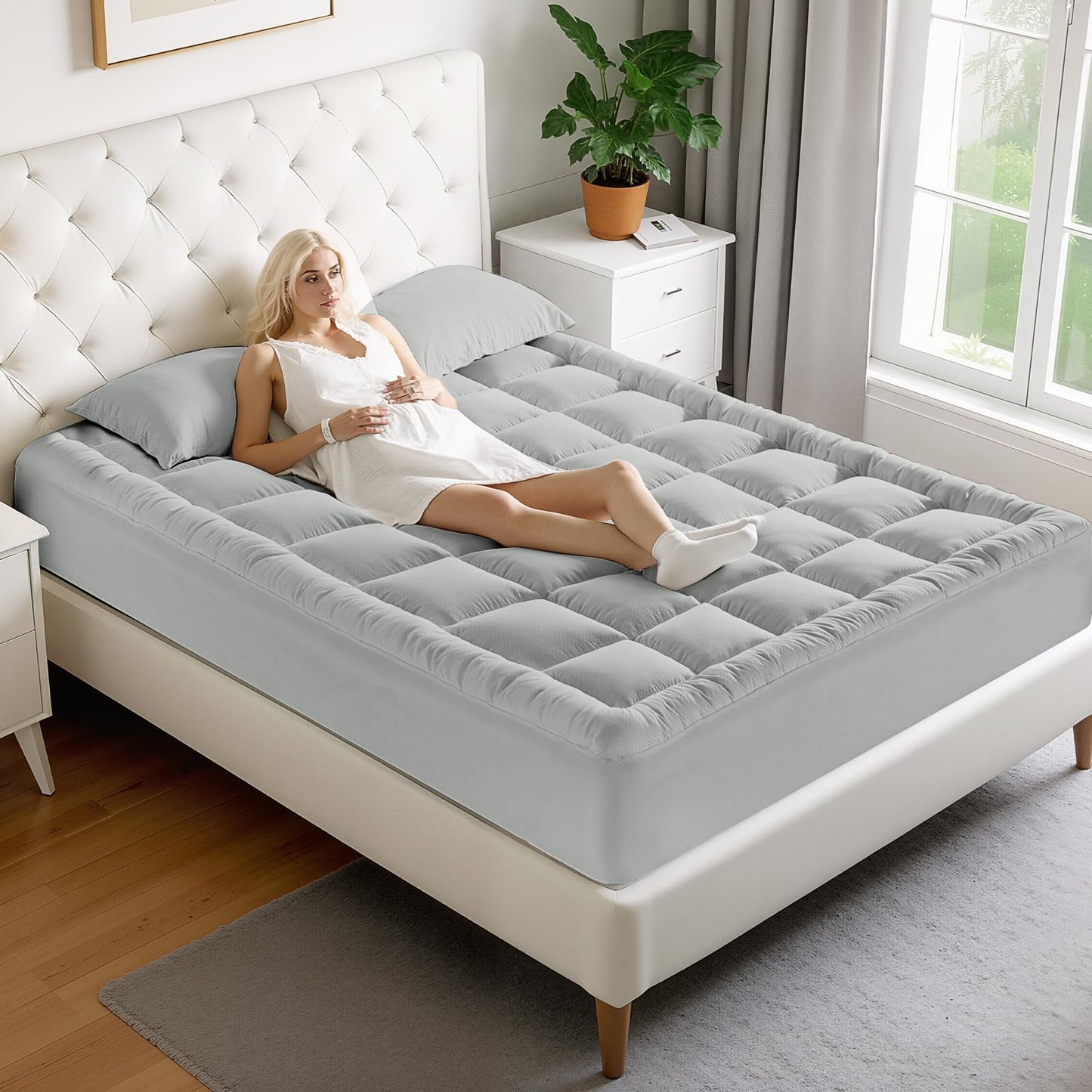 MATBEBY Queen Size Mattress Pad - Cooling Breathable Mattress Topper, Quilted Fitted Mattress Protector, Pillow Top Mattress Cover with 8-21" Deep Pocket, Machine Washable, Light Grey, 60x80 Inches