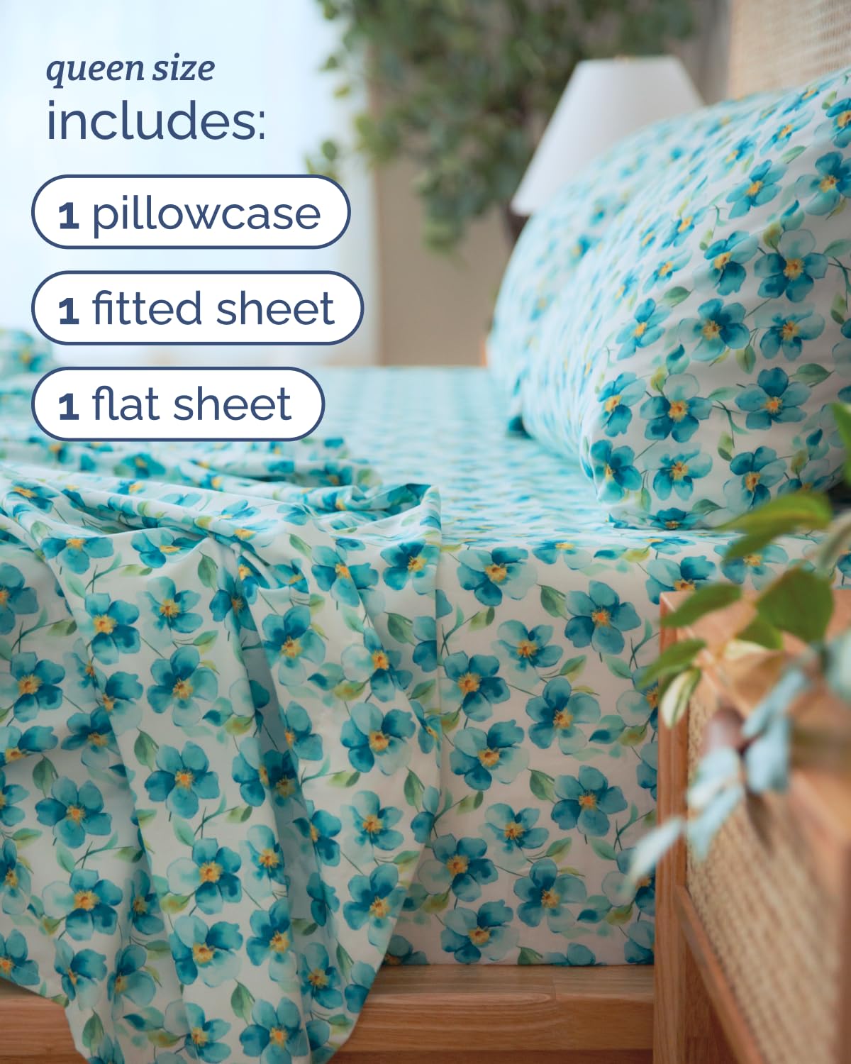Floral Sheets - Flower Print Bed Sheet Set - 1 Flat, 1 Fitted & 2 Pillowcases w/ Deep Pockets - Comfy, Cozy, Wrinkle & Fade Free - Boho Botanical Bedding - Soft, Breathable & Cooling - Queen Size Set