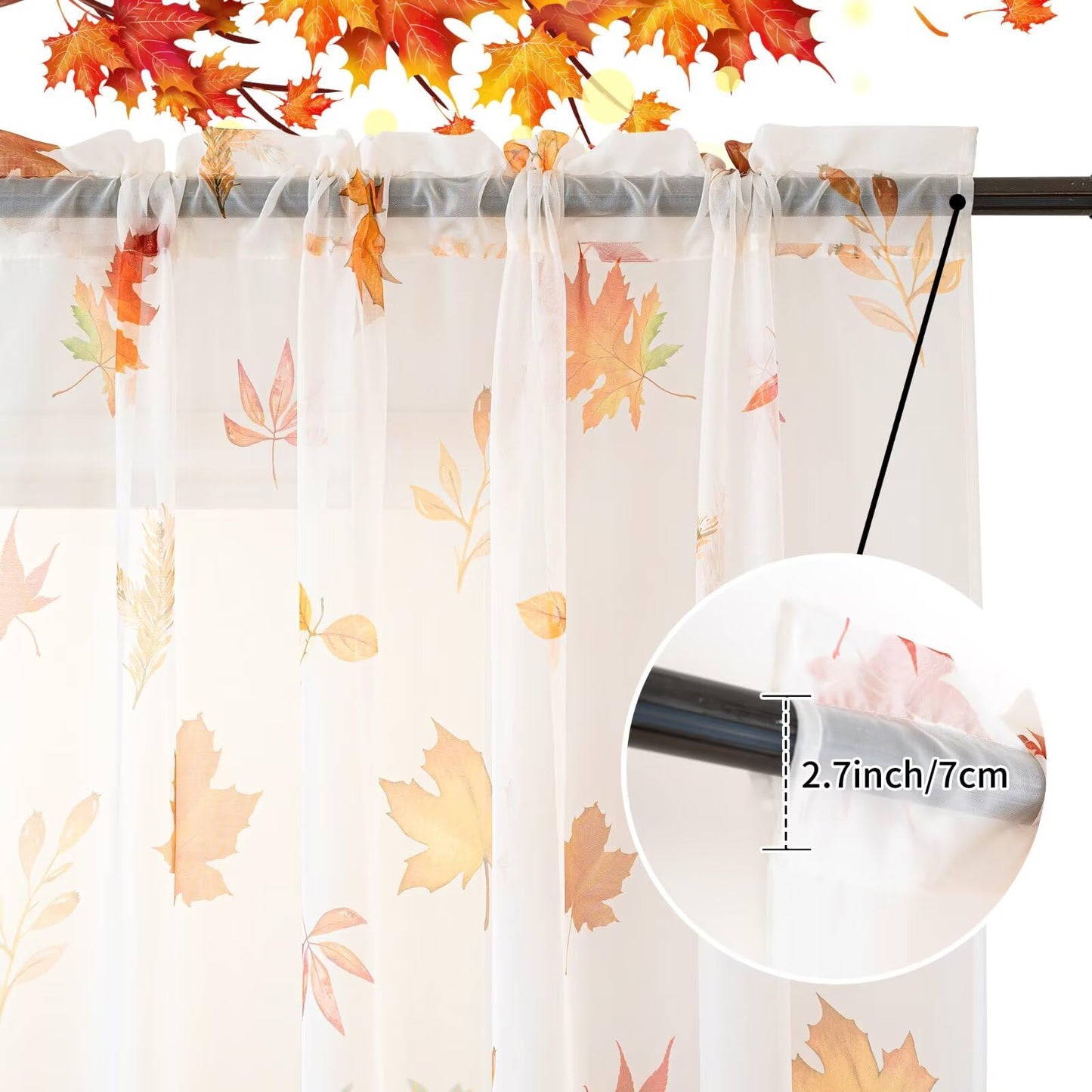youleyar Fall Sheer Curtains for Living Room 63 Inches Long 2 Panels Orange Semi-Sheer Curtain with Maple Leaves Printed Pattern Fall Rod Pocket Voile Drapes for Bedroom, 52" W x 63" L