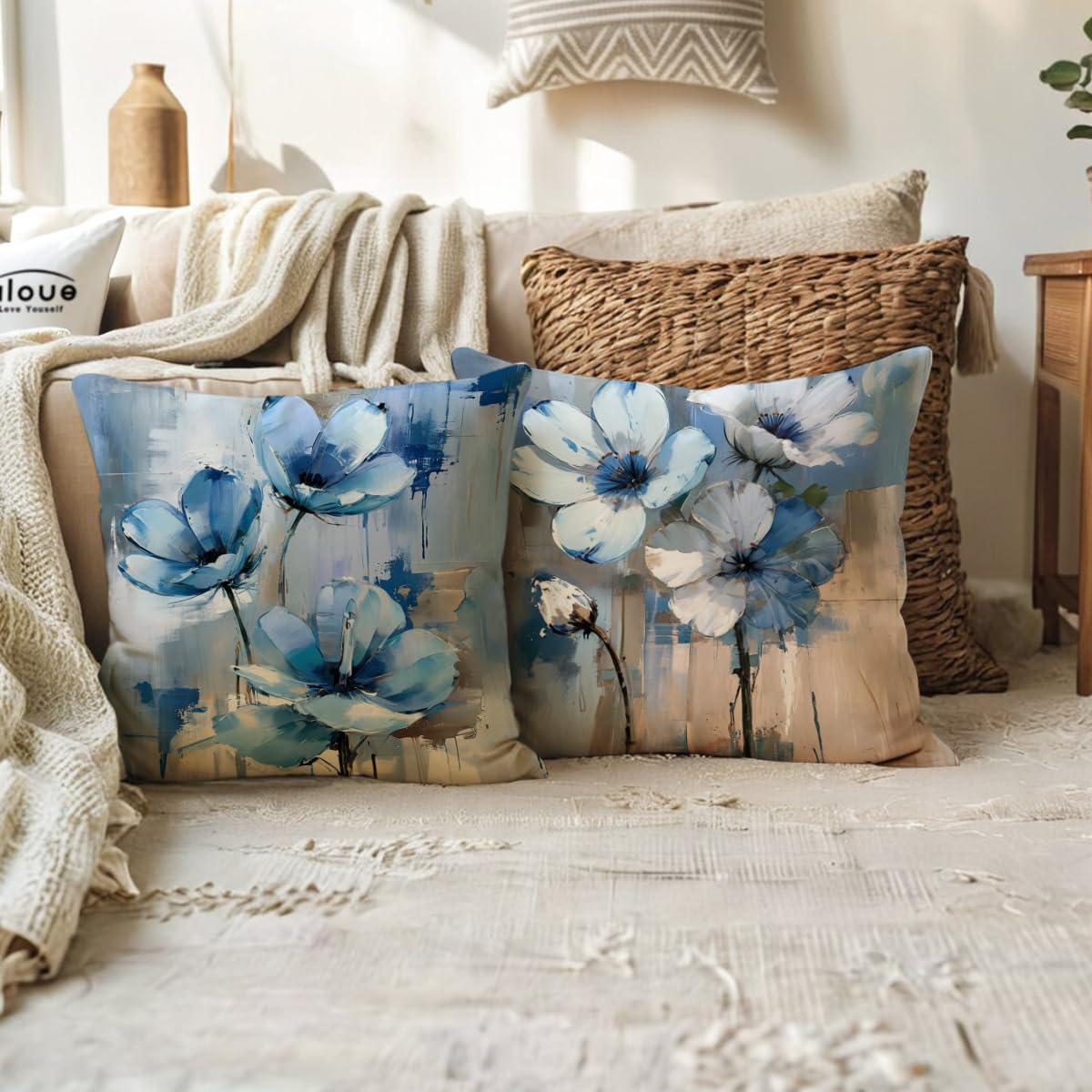ULOVE LOVE YOURSELF 2Pack Flowers Decorative Pillow Covers Modern Blue Poppy Design Cushion Covers Oil Painting Pretty Floral Pillowcases 18 x 18 Inch Farmhouse Spring Summer Decorations (Blue)