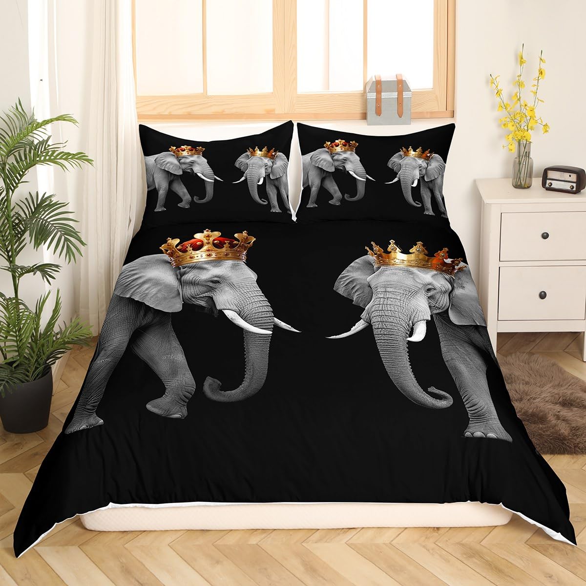 Elephant Couple Duvet Cover Set Full Size,3D African Tropical Wild Animal Comforter Cover with 2 Pillowcases,Golden King and Queen Crown Breathable Bedspread for Boys Teens
