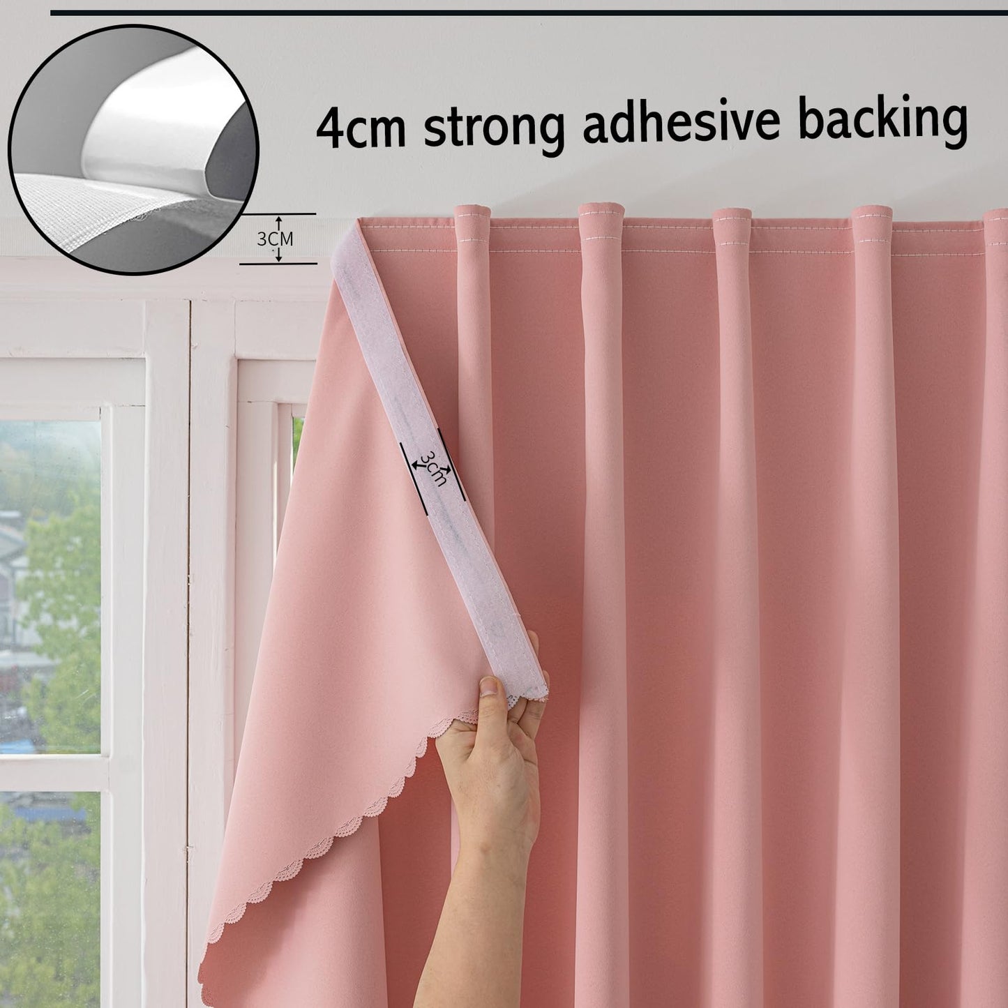 Jilron Magic Tape Stick on Curtains Blackout Curtains for Bedroom no Drillng Self Adhesive Curtain no Rod Small Window (Pink, 35" W x 40" L) 2 Panels