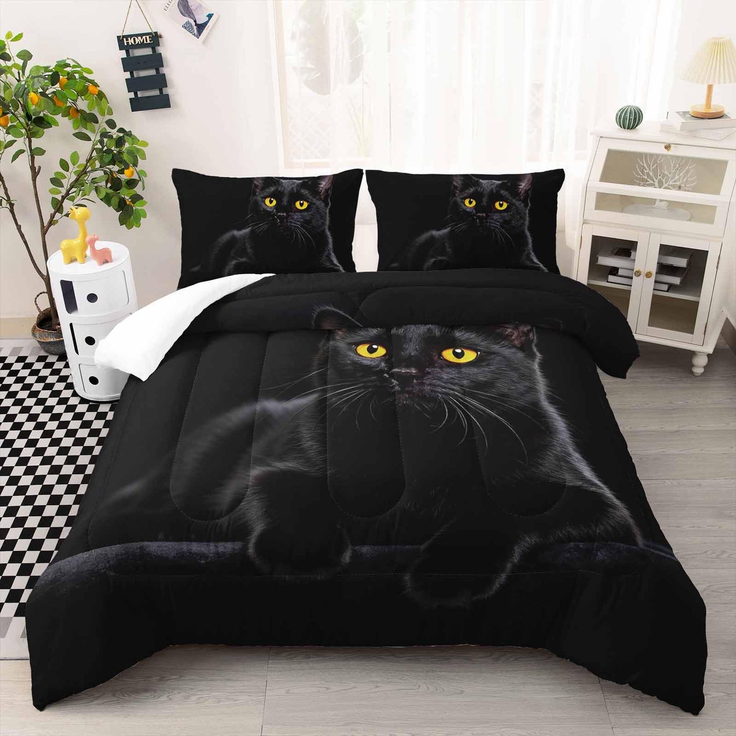 AILONEN 3D Cat Comforter Set Twin Size, Hidden Cat Bedding Set for Children, Black Theme Bed in a Bag, Soft Microfiber, 1 Quilt and 2 Pillowcases for All Season