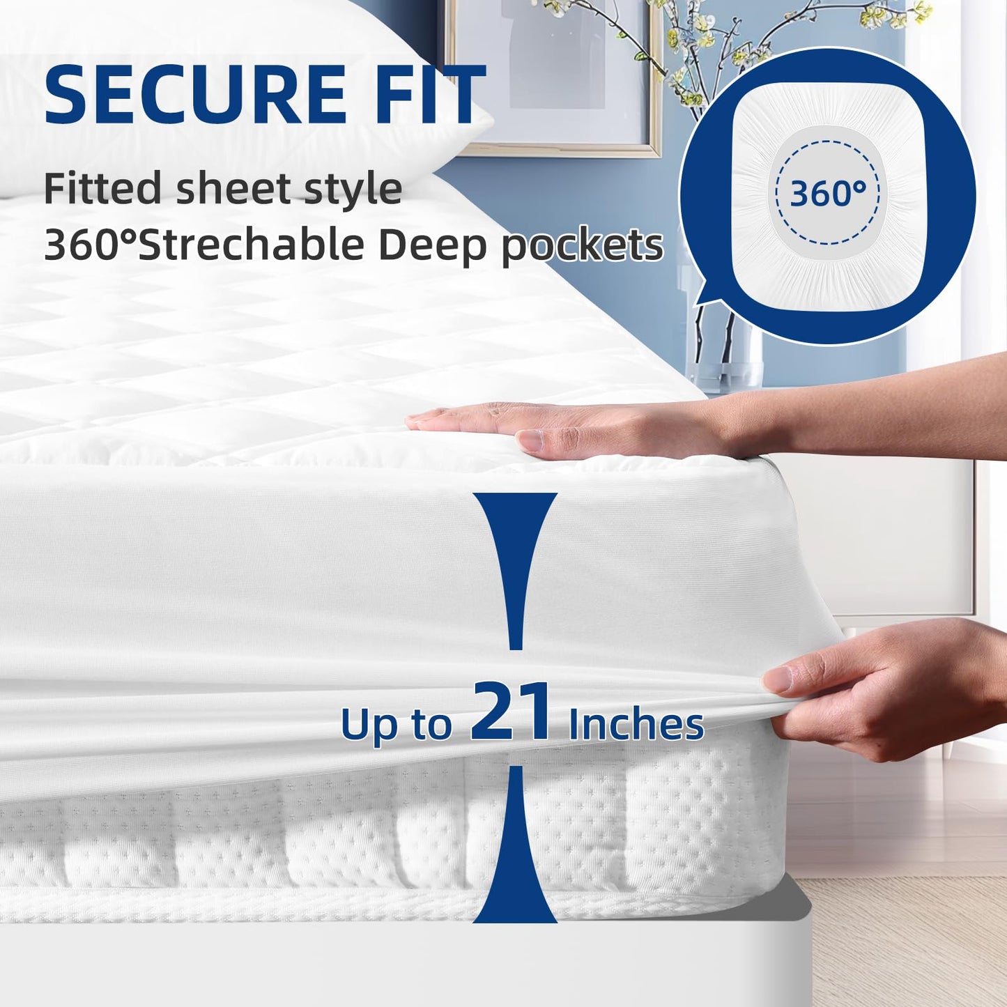 MEELUS Padded Twin Mattress Protector, Breathable Waterproof Mattress Pad Cover Fitted Deep Pocket 8"-21", Soft Noiseless Mattress Cover Washable Cooling for Home Dorm Bedroom, White