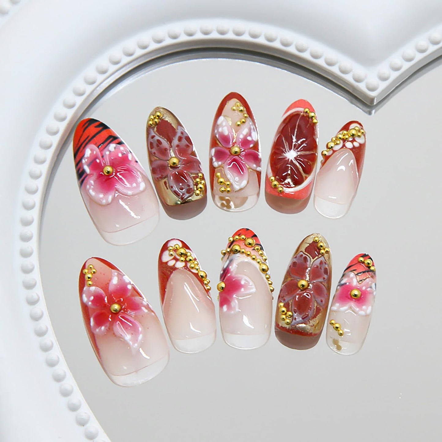 RUOKEXIN Almond Press on Nails French Tip Fake Nails Medium False Nails with Gold Pearl Designs Acrylic Nail Press ons Sparkly Artificial Nails for Women 30Pcs