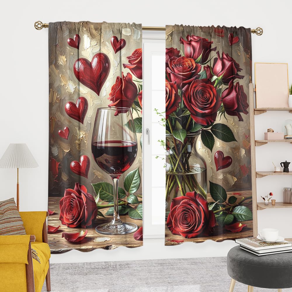 KuracleGH Valentines Day Red Wine Curtains for Bedroom,Aesthetics Floral Red Rose Room Darkening Blackout Window Treatment,Romantic French Wine Glass Rod-Pocket Privacy Curtains,2pcs,Each 21“W x 45”L