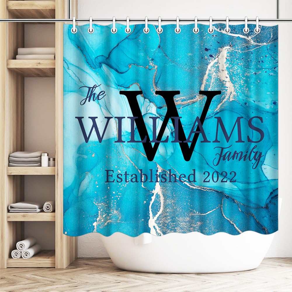 iLOOKLiKE Personalized Family Last Name with Marble Shower Curtain Custom Monogram Abstract Blue Gold Texture Art Bathroom Curtain Set Bathtubs Decor with 12 Hooks Modern Fabric Polyester 72x72inch