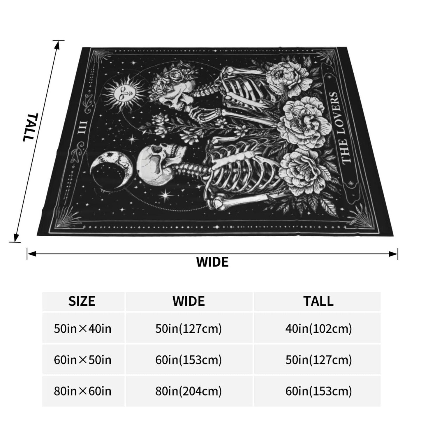 Gothic Skeleton Tarot Card Blanket, Gifts for Women, The Lovers Skull Soft Lightweight Throw Blankets for Kids Girls, Travel Bed Living Room Decor, 50x60in
