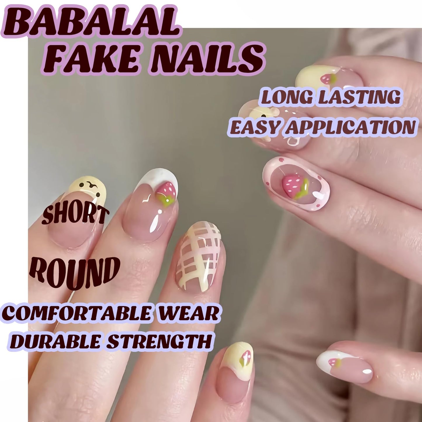 BABALAL Press on Nails Short Oval Fake Nails Yellow Pink Acrylic Glue on Cute Bear Strawberry False Nails 30Pcs Round Full Cover Stick on Nails for Women Girls Kids French Tip Kit