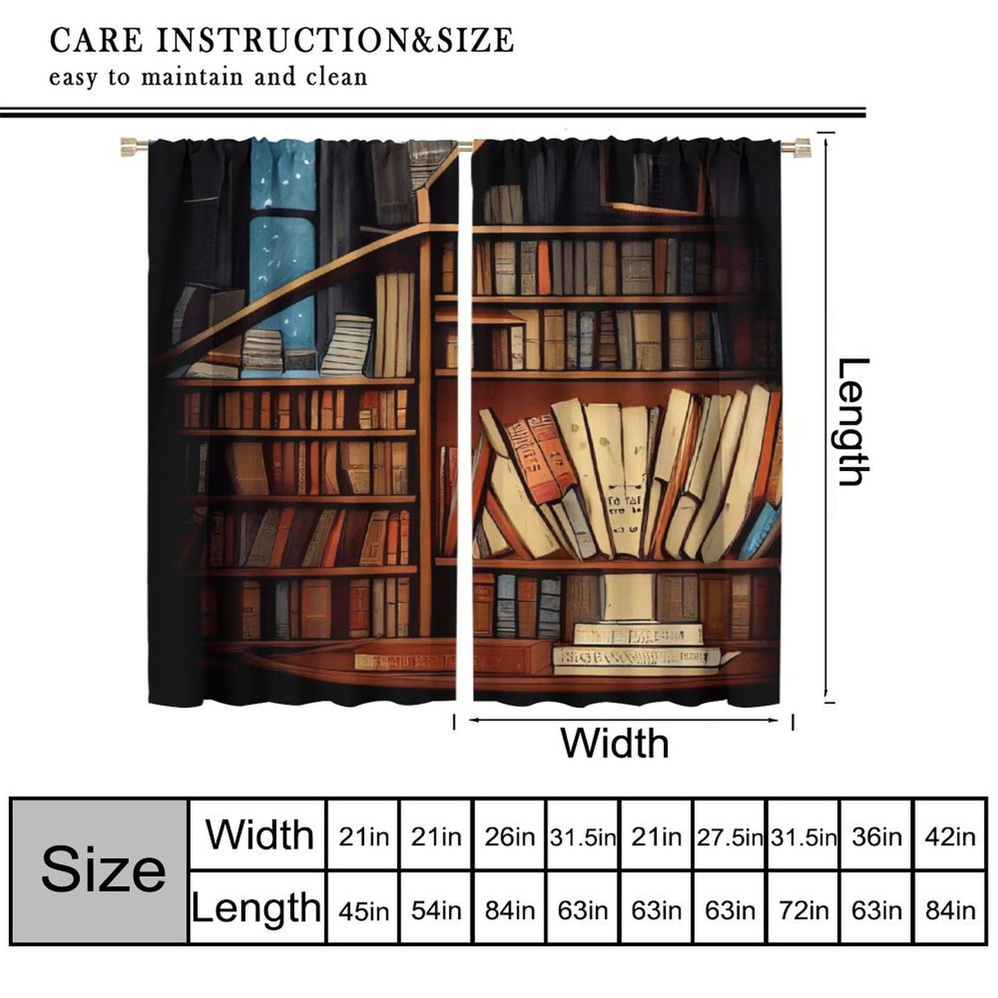 Nsbul Library Bookshelf Blakout Curtains Vintage Bookcase Retro Bookshelf Room Curtains Window Drapes for Bedroom Living Room, 42" W X 45" L (No Blackout)