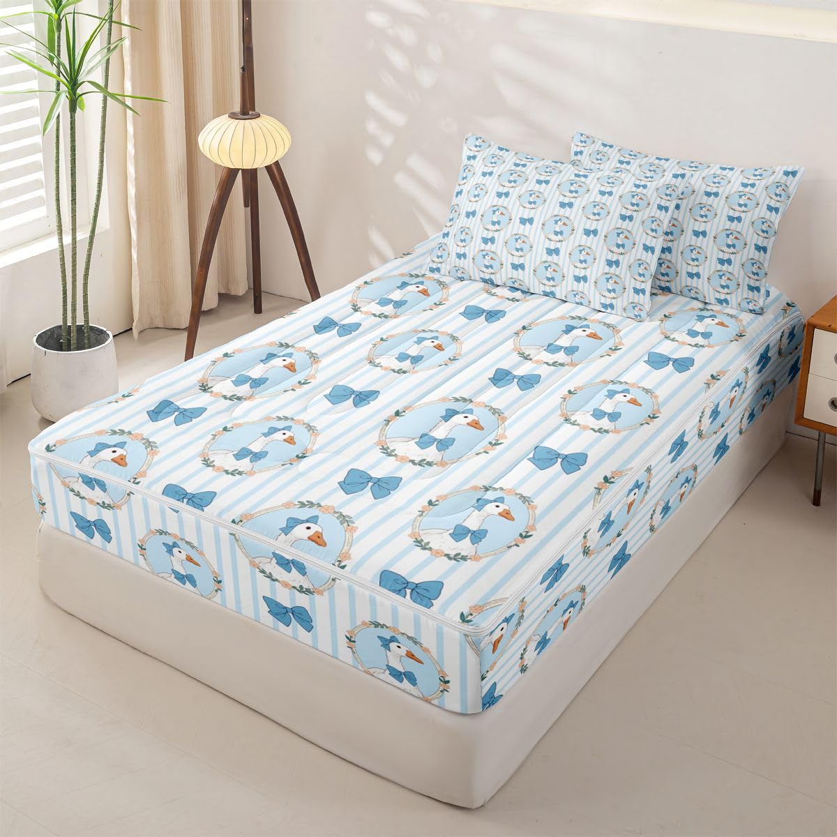 Erosebridal Duck Zippered Bedding Set Full Bowknot Comforter Set Pastoral Style Bow Stripes Wreath Bed in a Bag Cute Cartoon Ducks Blue Bow Zipper Quilt Fitted Sheet,2 Pillowcases