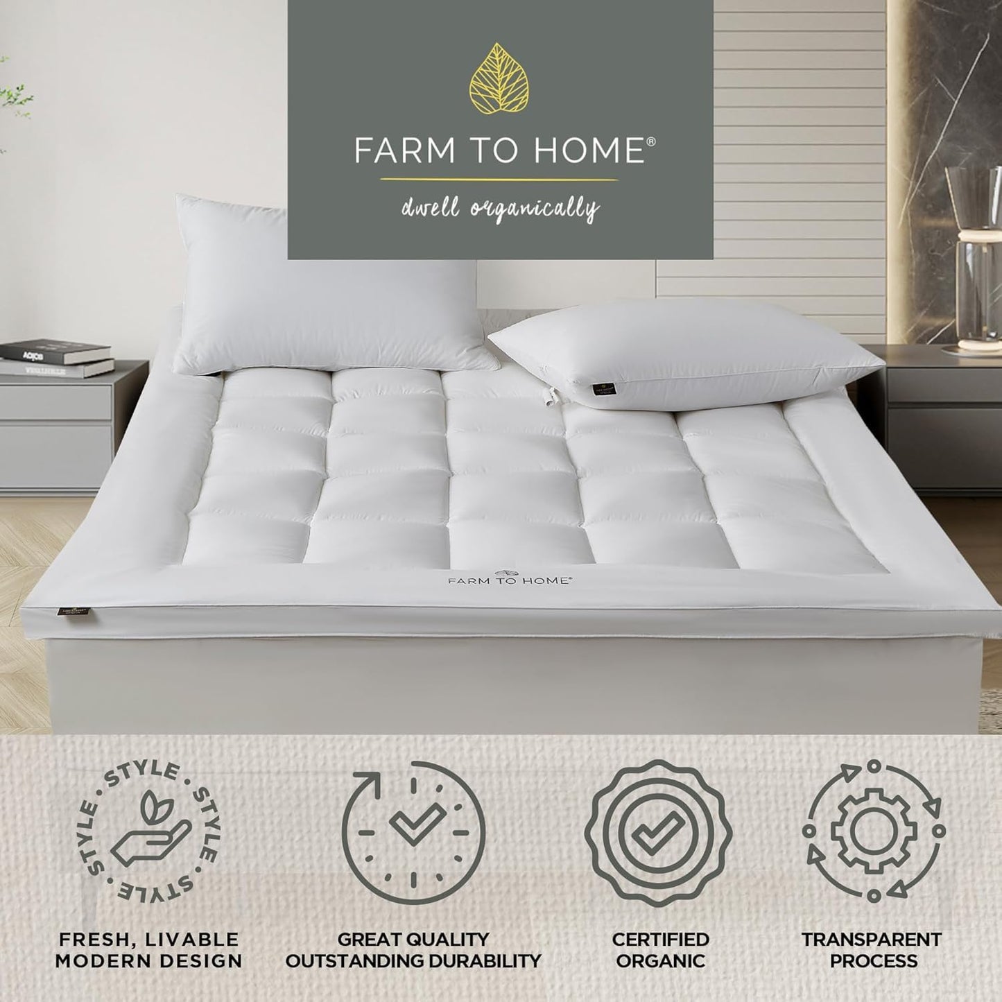 Farm to Home Organic Cotton Pillow Top Mattress Topper - Quilted Fitted Mattress Pad Cover with 16 Inch Deep Pocket, 2 Inch Down Alternative Mattress Protector for Support - Twin Size, White