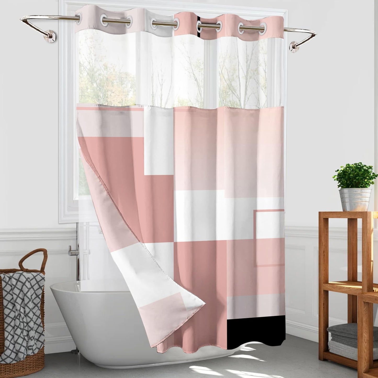 Pink Hookless Shower Curtain Set with Snap in Liner, Pink White Bathroom Decor, 71x74 Inches, Geometric Bathroom Curtain with Liner and See Through Top Window