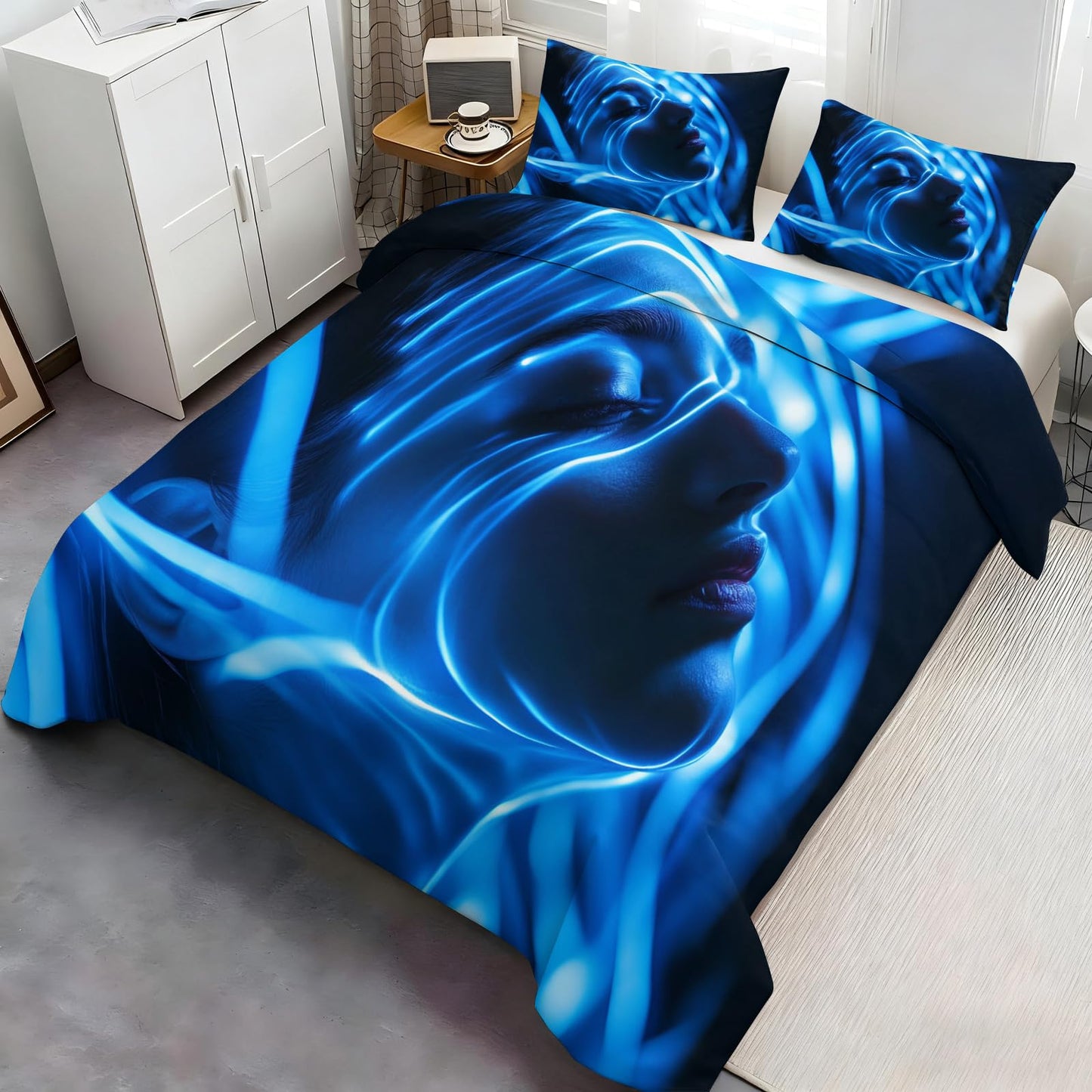 PAISUOQ Sci-Fi Duvet Cover Full, Blue Woman Bedding, Futuristic Comforter Cover with 2 Pillow Cases, 3 Pieces with Zipper & Ties, Bedroom Decor & Gifts