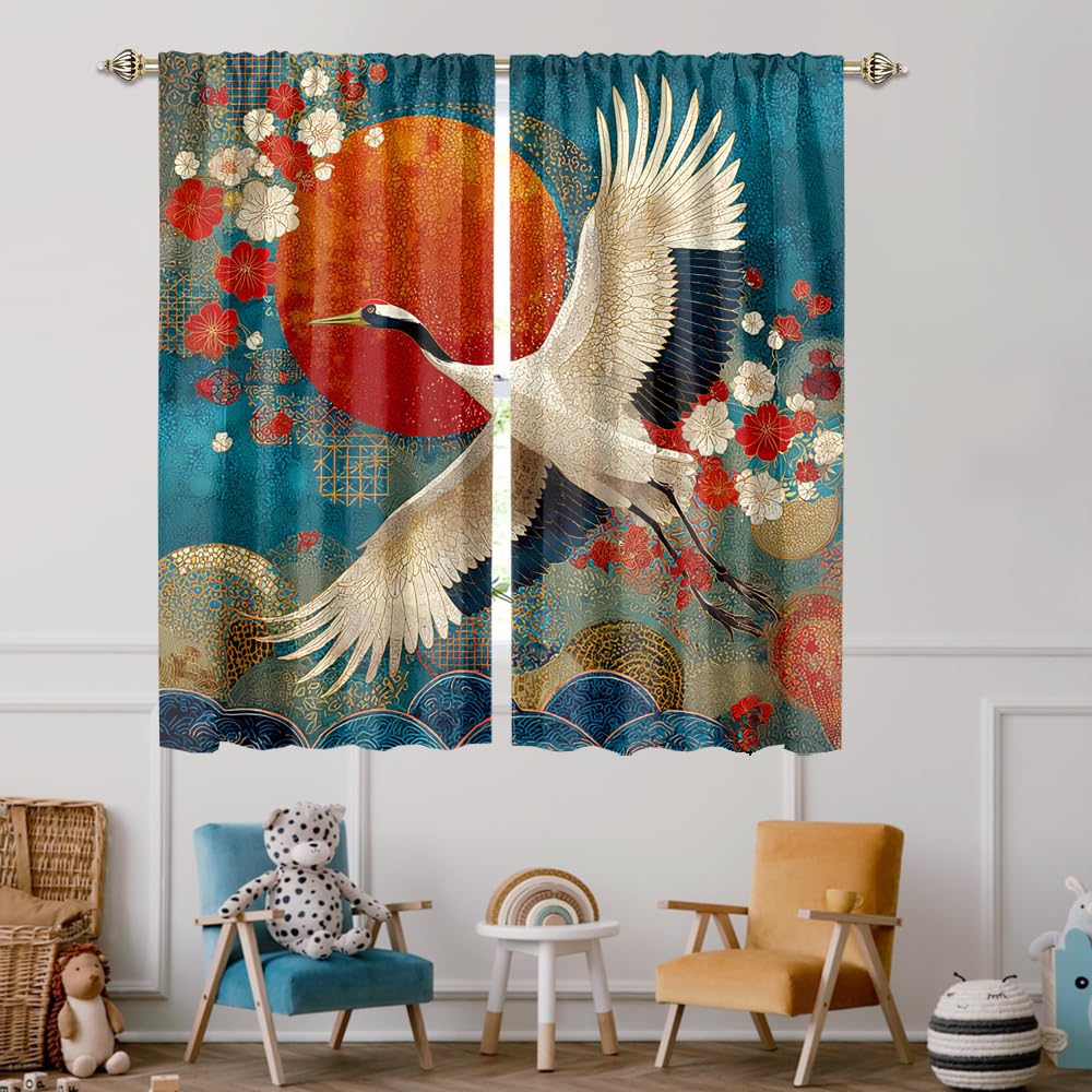 XSUPFLYM Colorful Abstract Japanese Crane Blackout Curtain for Living Room Beautiful Red Sun Animal Crane Cherry Blossom Great Waves Thermal Insulated Curtain for Bedroom 2 Panels Each 21" W x 54" L