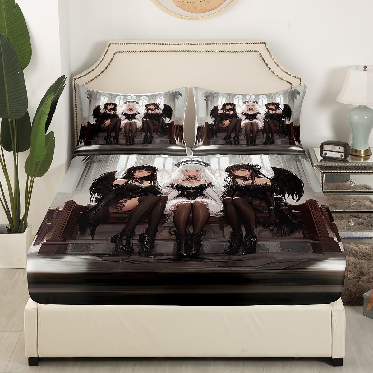 Erosebridal Japanese Anime Full Size Bedding Set, Anime Girl Bed Sheets Kawaii Japanese Style Fitted Sheet Cartoon Japan Animation Bed Set for Boys Youth Teens Adult Women Bedroom Decor