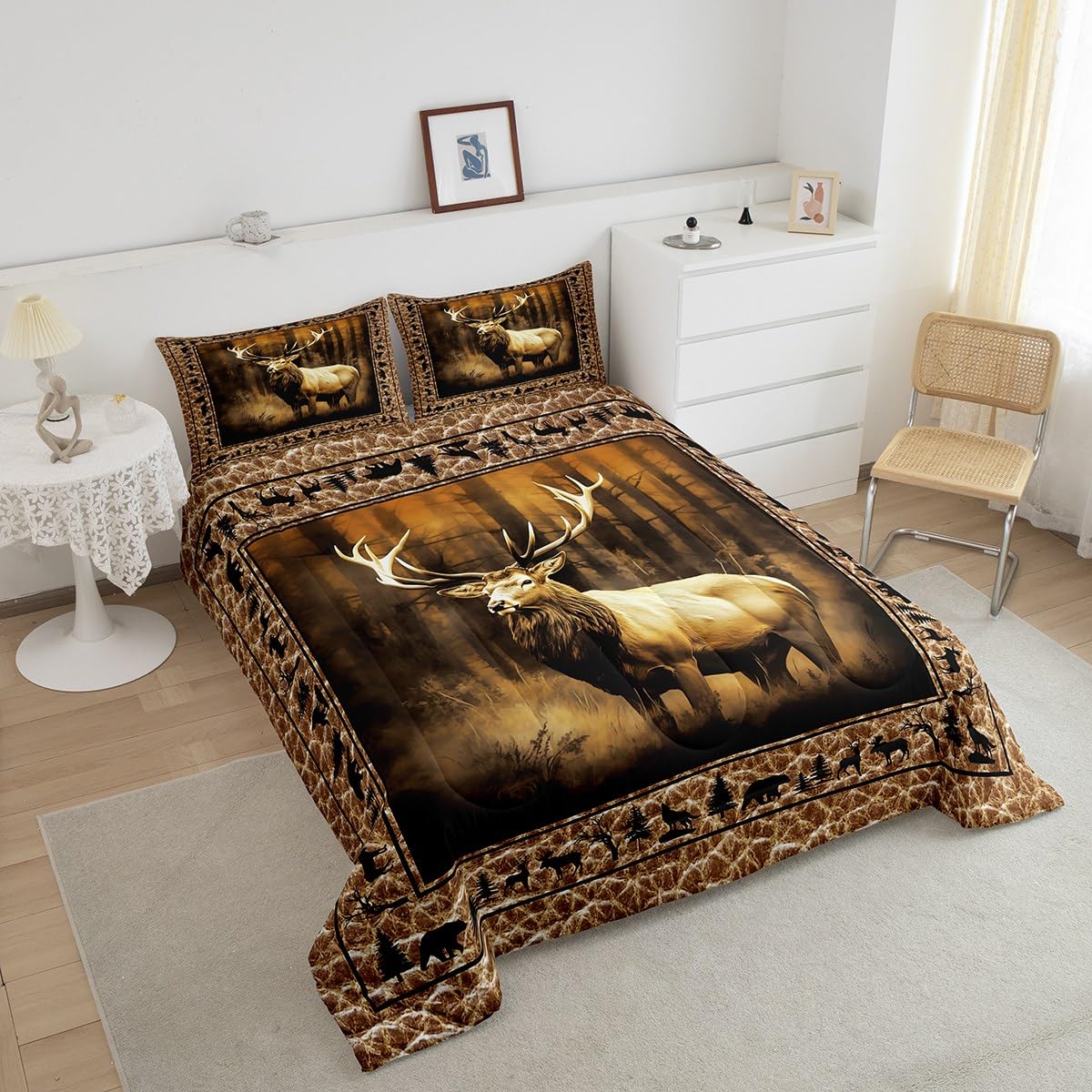 Manfei Deer Comforter Set Queen Size, Wild Animal Theme Bedding Set 3pcs for Kids Boys Teens Bedroom Decor, Black Elk Bear Wolf Trees Quilt Set Wildlife Hunting Duvet Set with 2 Pillowcases