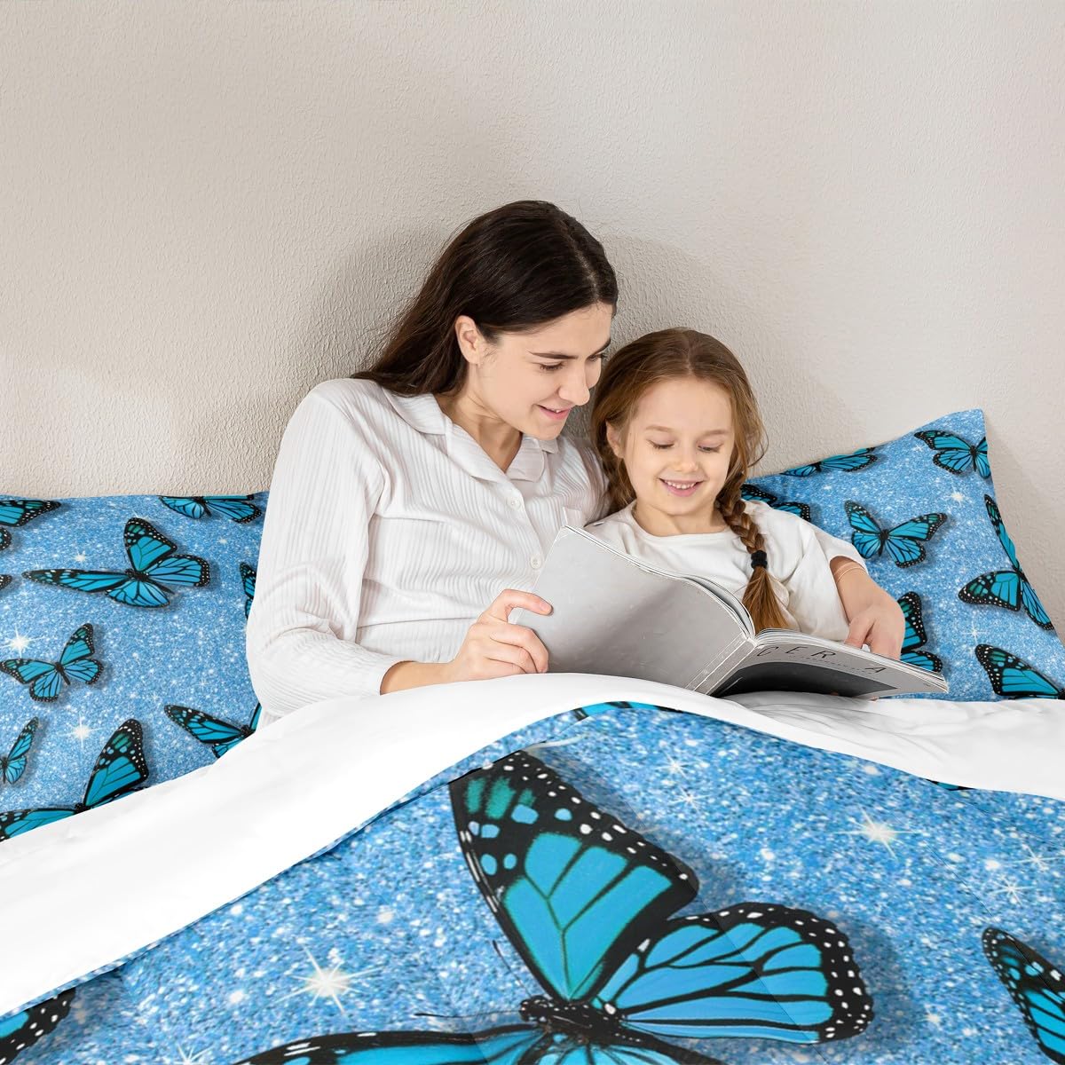 Castle Fairy Butterfly Glitter Comforter Set Queen Size,Blue Starry Galaxy Bedding Set for Kids Girls Teens Adults Room Decor,Fantasy Flying Animals Quilt Set Sparkling Diamonds Duvet Insert 3pcs