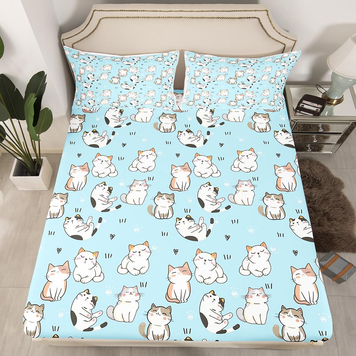 Erosebridal Kawaii Cat Sheet Sets Full, Cartoon Cat Fitted Sheet for Kids Boys Girls, Garfield Paw Print Bed Sheets, Cute Animal Kitten Flat Sheet + Love Heart Top Sheet + 2 Pillowcases, Blue