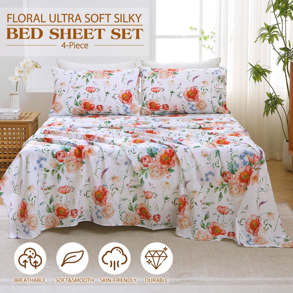 MUXHOMO King Size 4 Piece Sheet Set, Soft & Breathable Sheet Set for Bedroom with Deep Pocket Up to 16", Wrinkle-Free & Cooling Bed Sheets with Flat Sheet, Fitted Sheet & Pillowcases - Blooming Rose