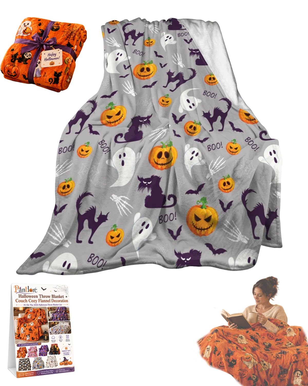 Halloween Throw Blanket Couch Cozy Flannel Decoration for Party Bed Soft Flannel Ghost Blanket Halloween Harvest Gifts Horror Ghost Bat Pumpkin(Model6,50x80in)