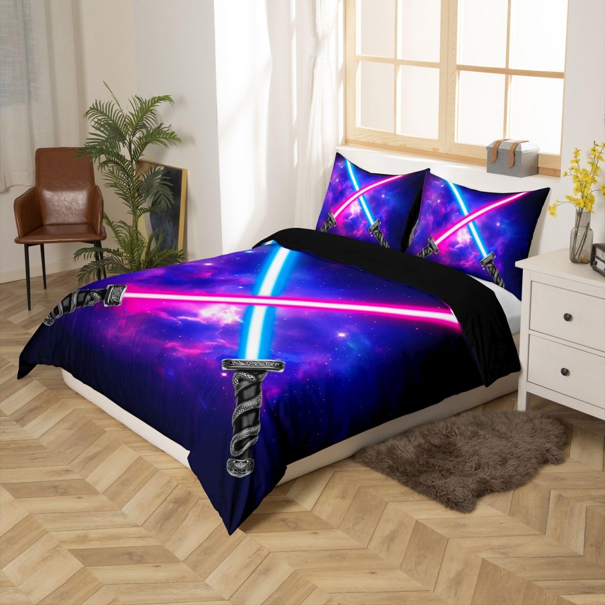 Manfei Kids Lightsaber Duvet Cover Set Queen Size Light Saber Sword Bedding Set 3pcs for Boys Teens, Blue Purple Starry Sky Comforter Cover Galaxy Outer Space Bedspread with 2 Pillowcases,No Comforter
