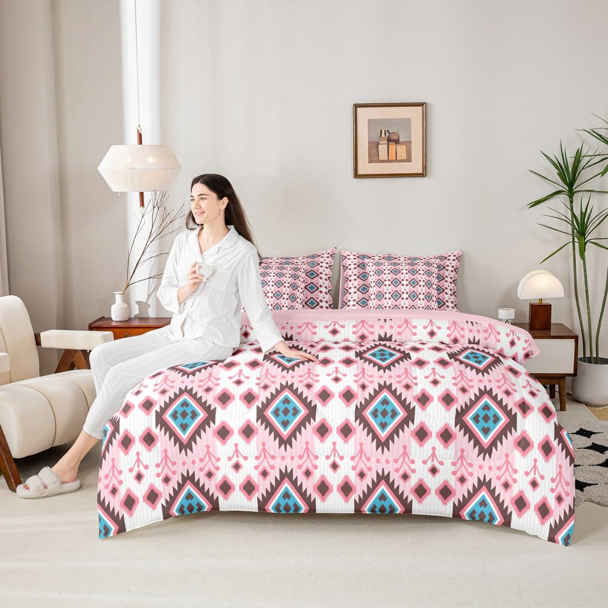 Erosebridal Boho Aztec Bed in A Bag King 7 Pcs Bohemian Southwestern Comforter Set for Women Men Western Ethnic Tribal Mexican Bedding Sets Pink Cowgirl Geometric Diamond Sheet Set with Comforter