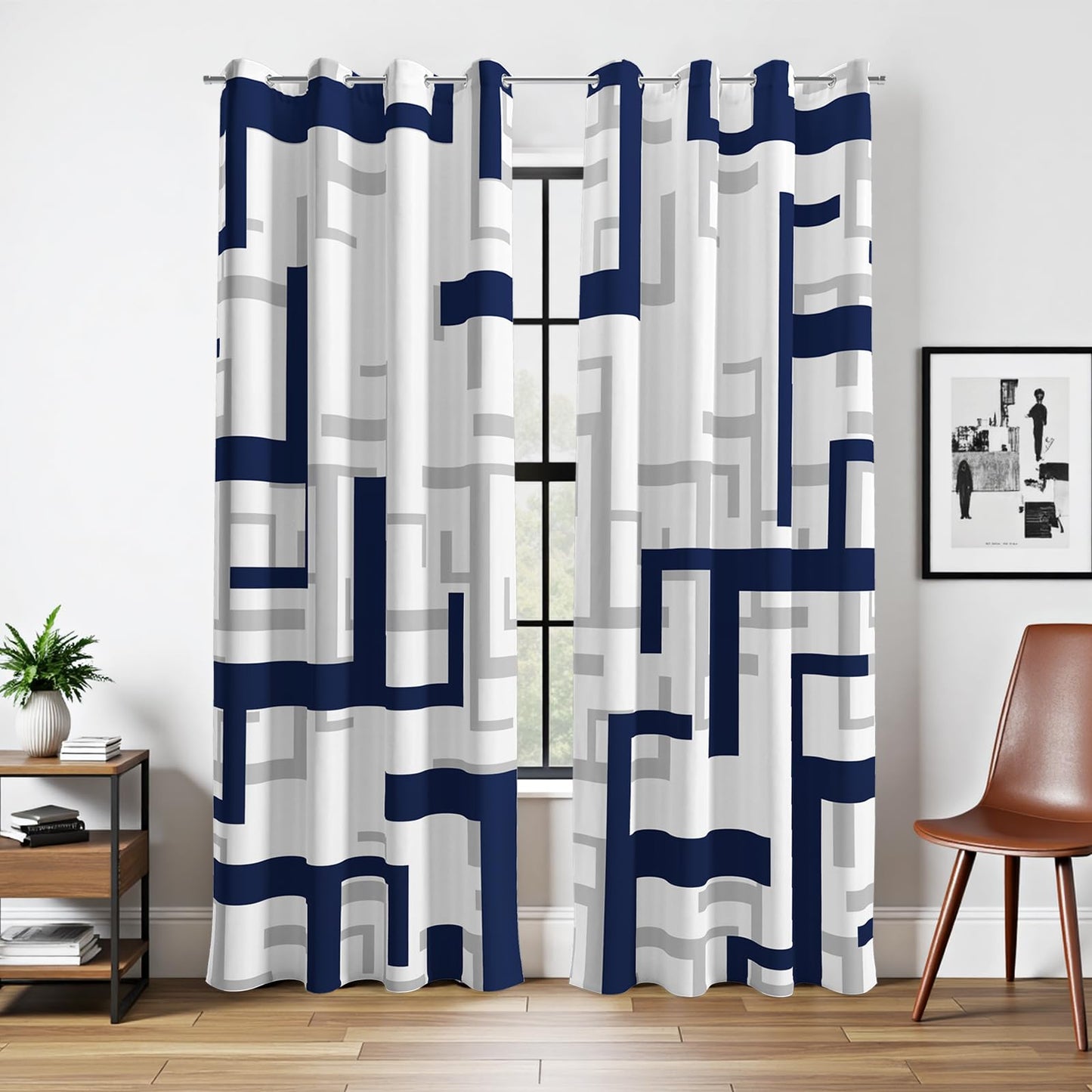 weesire Modern Blackout Curtains for Bedroom Living Room 2 Panels 100% Blackout Blue and White Pattern Curtains Abstract Curtains, 52x84 Inches