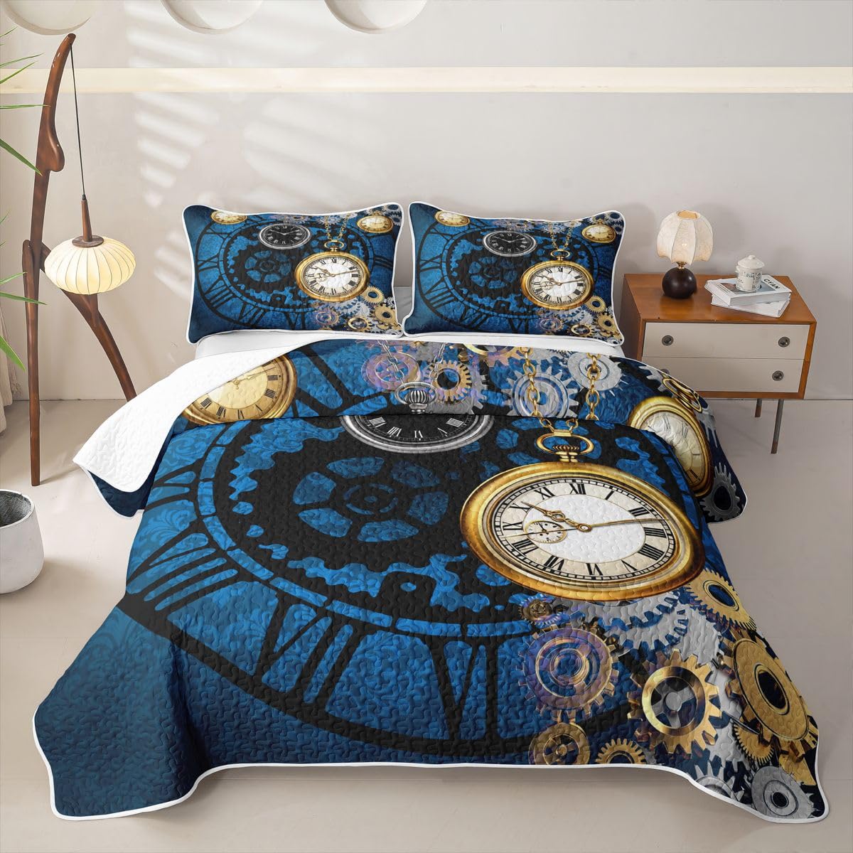 Erosebridal Vintage Clock Theme Quilts King Size - Industrial Gear Bedspread Coverlet Set, Mechanical Device Quilt Coverlets 3 Pieces